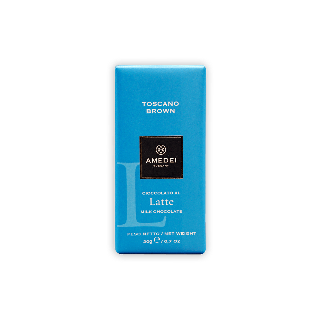 Amedei Toscana brown milk chocolate mini bar, Cioccolato al Latte 32% box