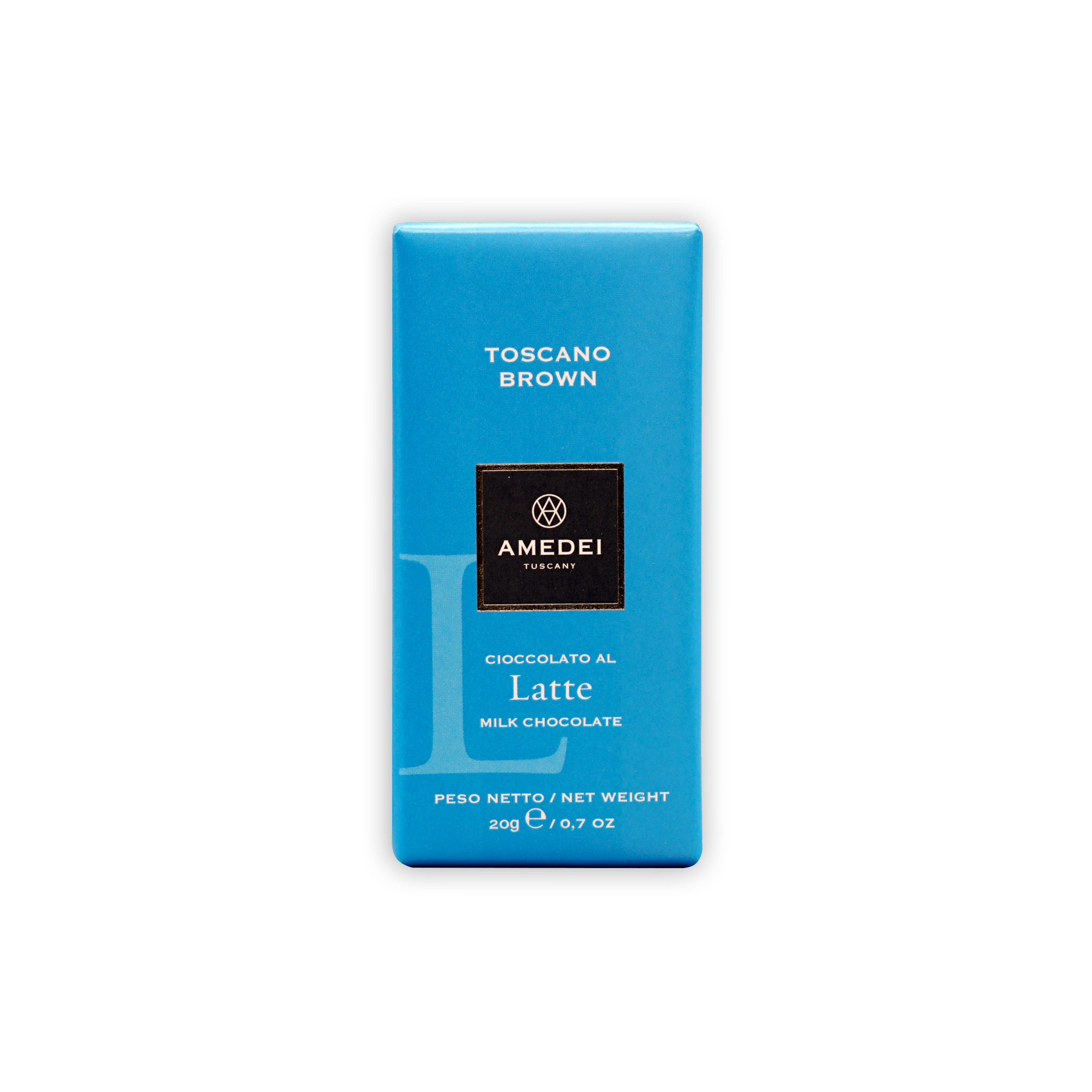 Amedei Toscana brown milk chocolate mini bar, Cioccolato al Latte 32% box