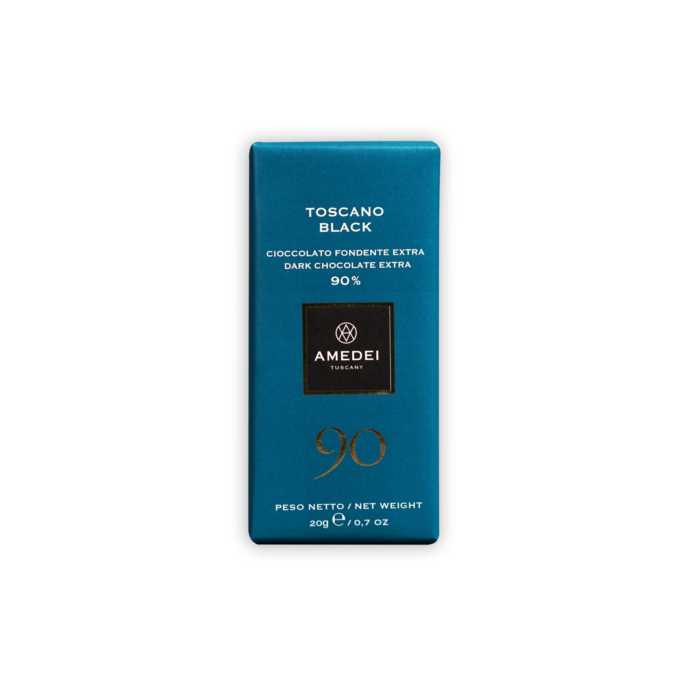 Amedei Toscano Black 90% dark chocolate mini bar in turquoise