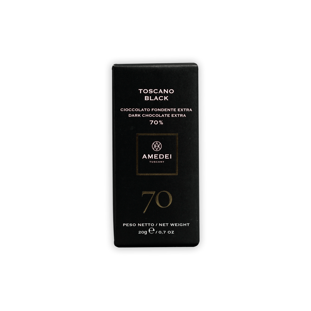 Amedei Toscano 70% dark chocolate mini bar in sleek black gold foil package