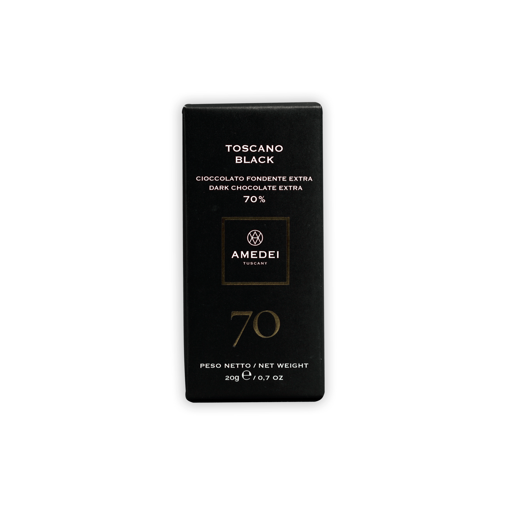 Amedei Toscano 70% dark chocolate mini bar in sleek black gold foil package