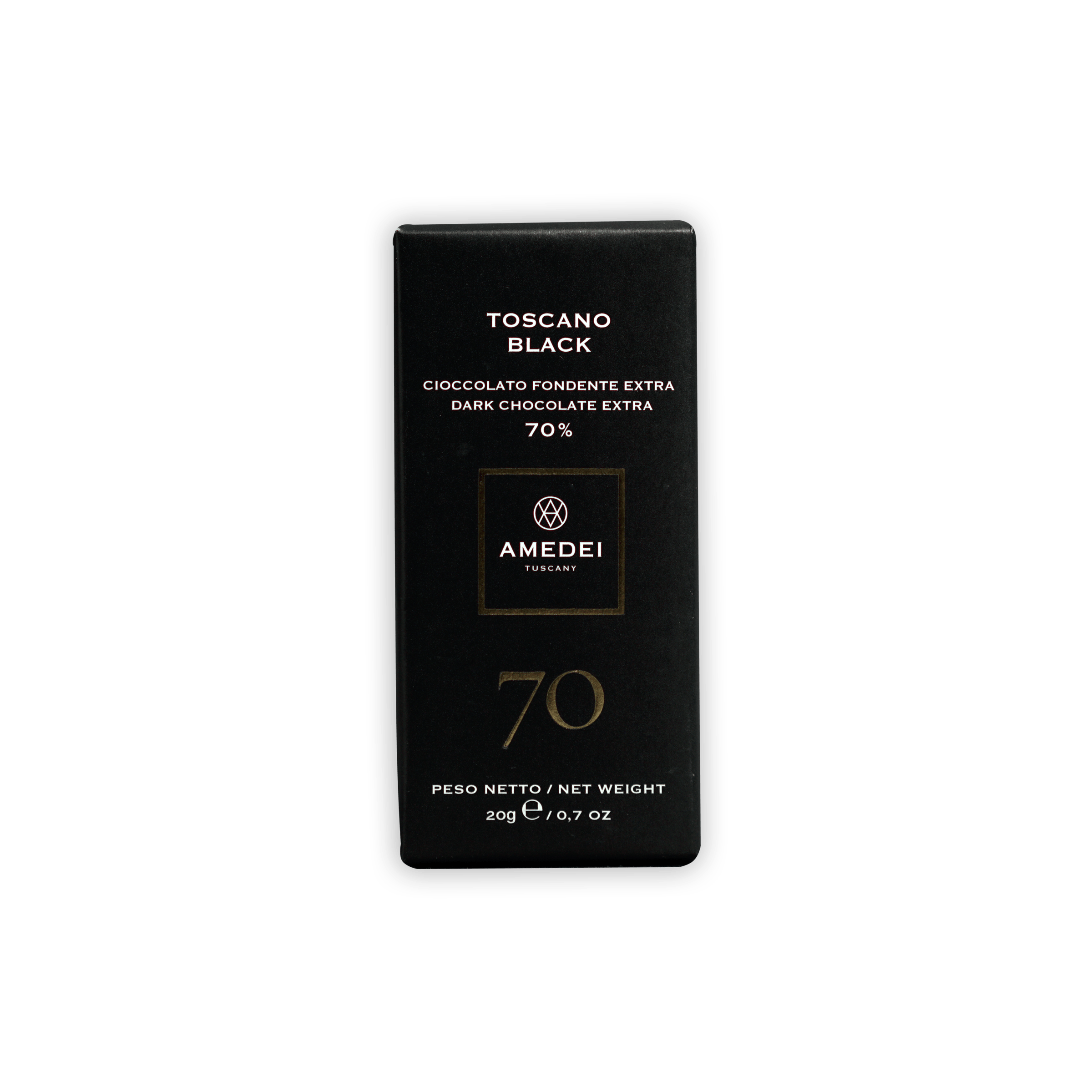 Amedei Toscano 70% dark chocolate mini bar in sleek black gold foil package