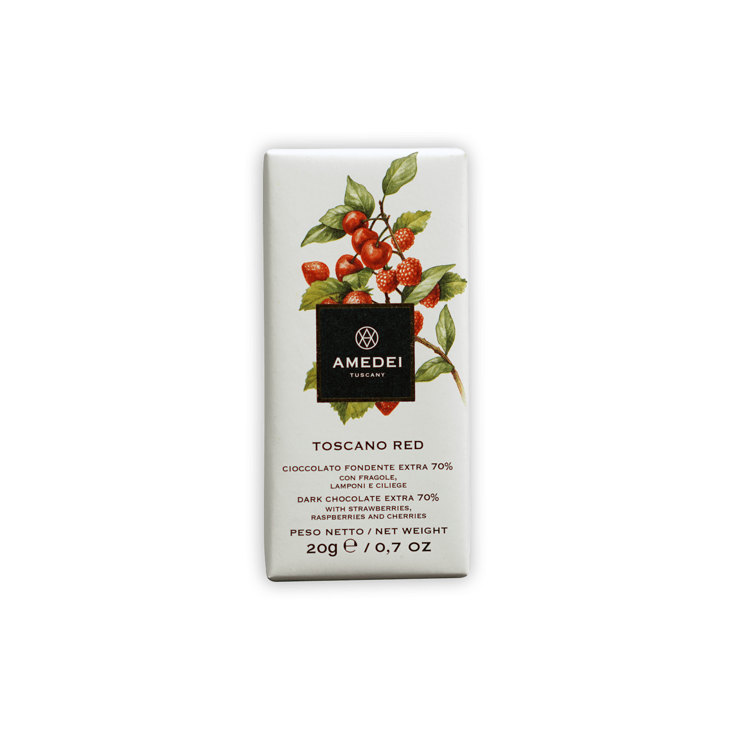 Amedei Toscano Red 70% dark chocolate mini bar with berry leaves design