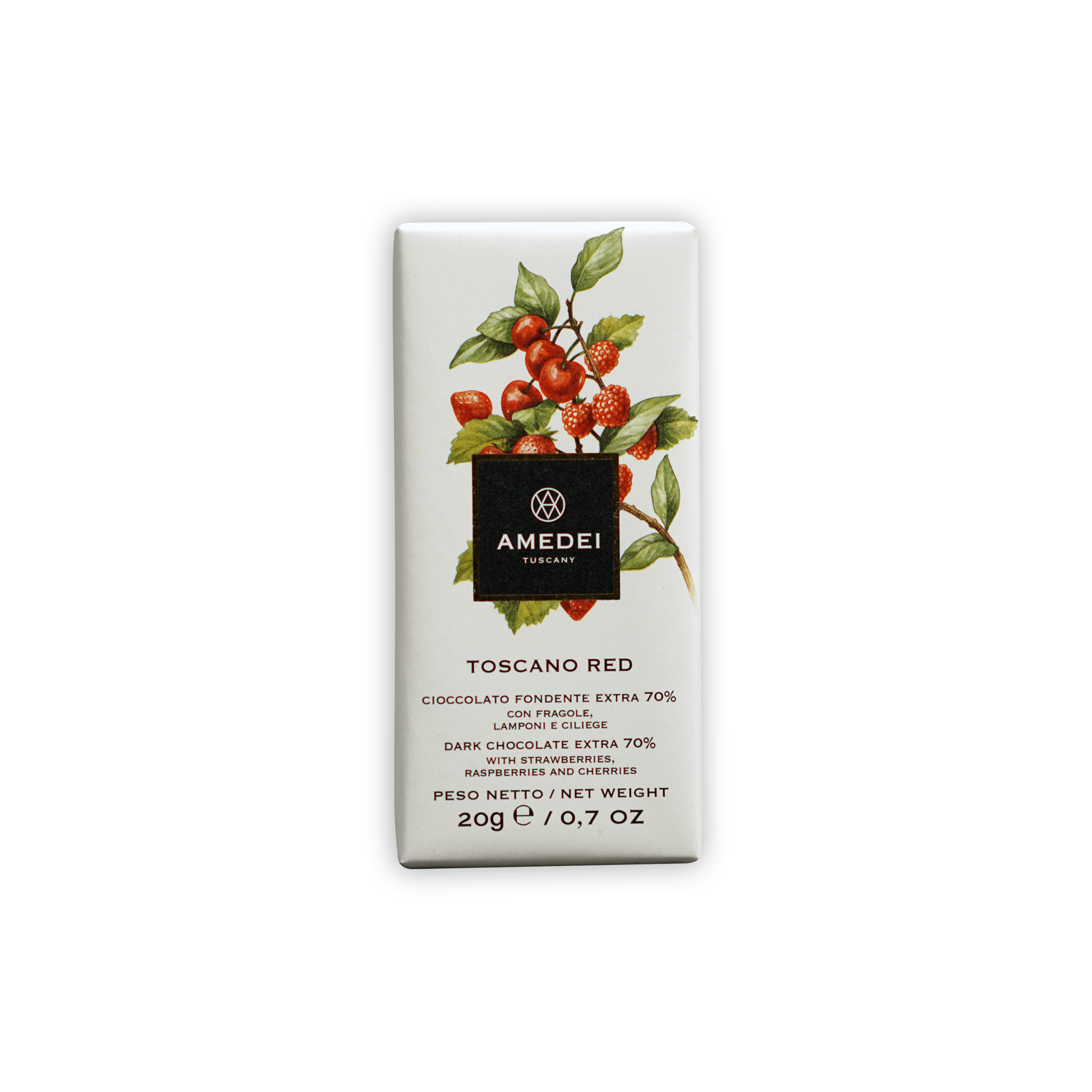 Amedei Toscano Red 70% dark chocolate mini bar with berry leaves design