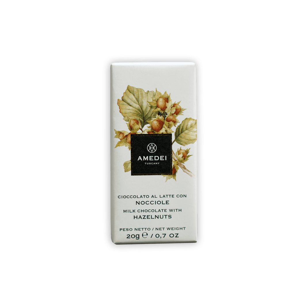Amedei Mini Bars Milk w/ Hazelnut white chocolate bar with botanical label