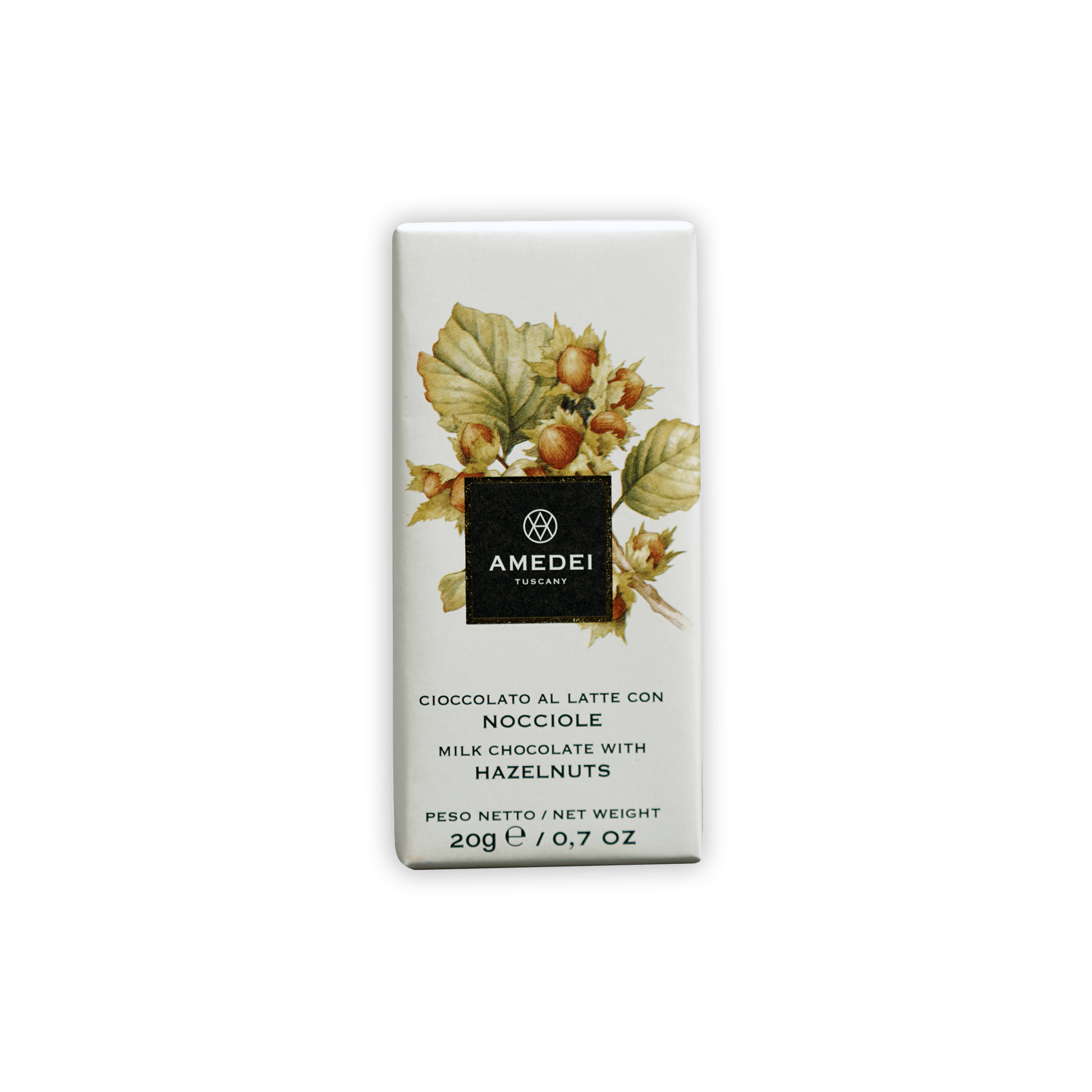 Amedei Mini Bars Milk w/ Hazelnut white chocolate bar with botanical label
