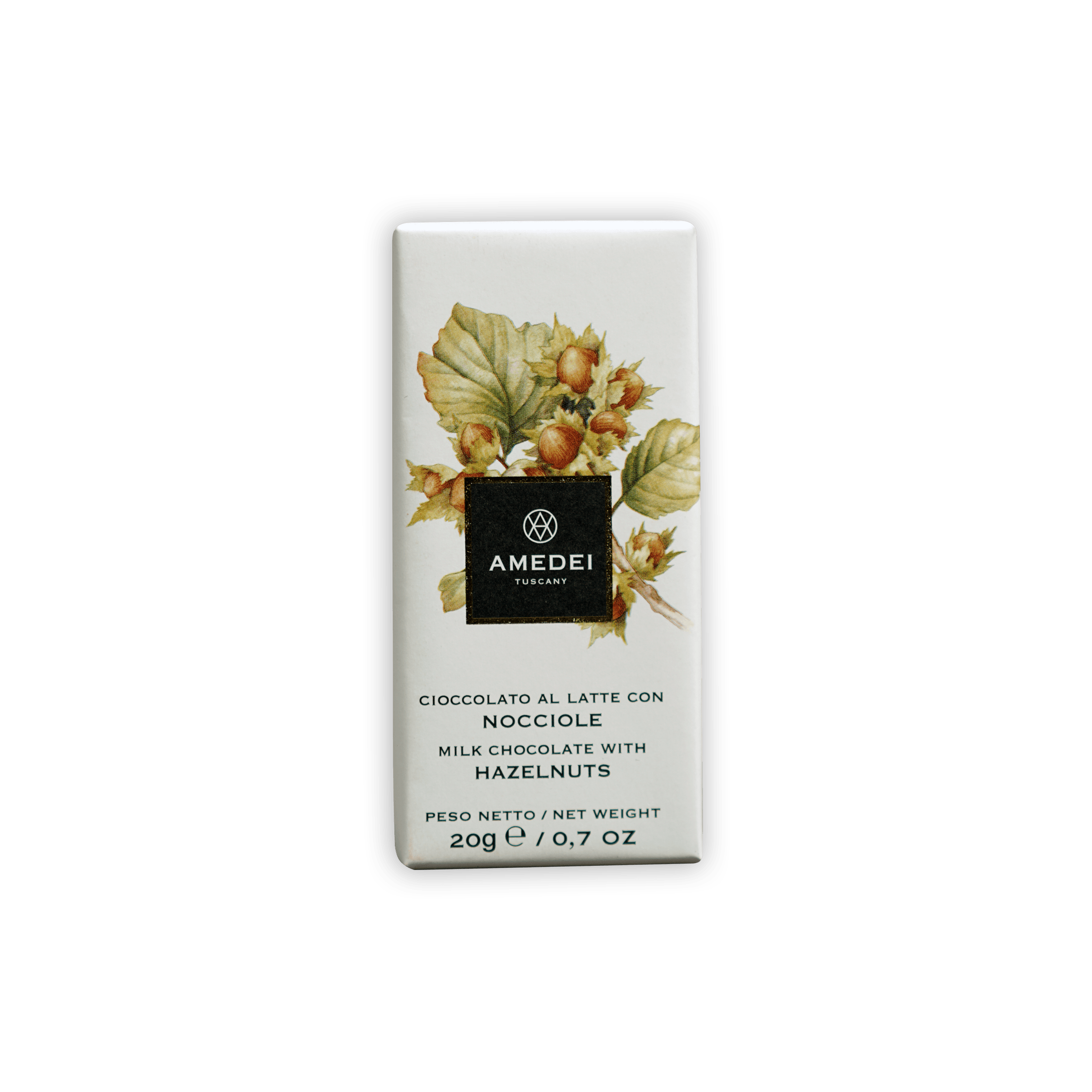 Amedei Mini Bars Milk w/ Hazelnut white chocolate bar with botanical label