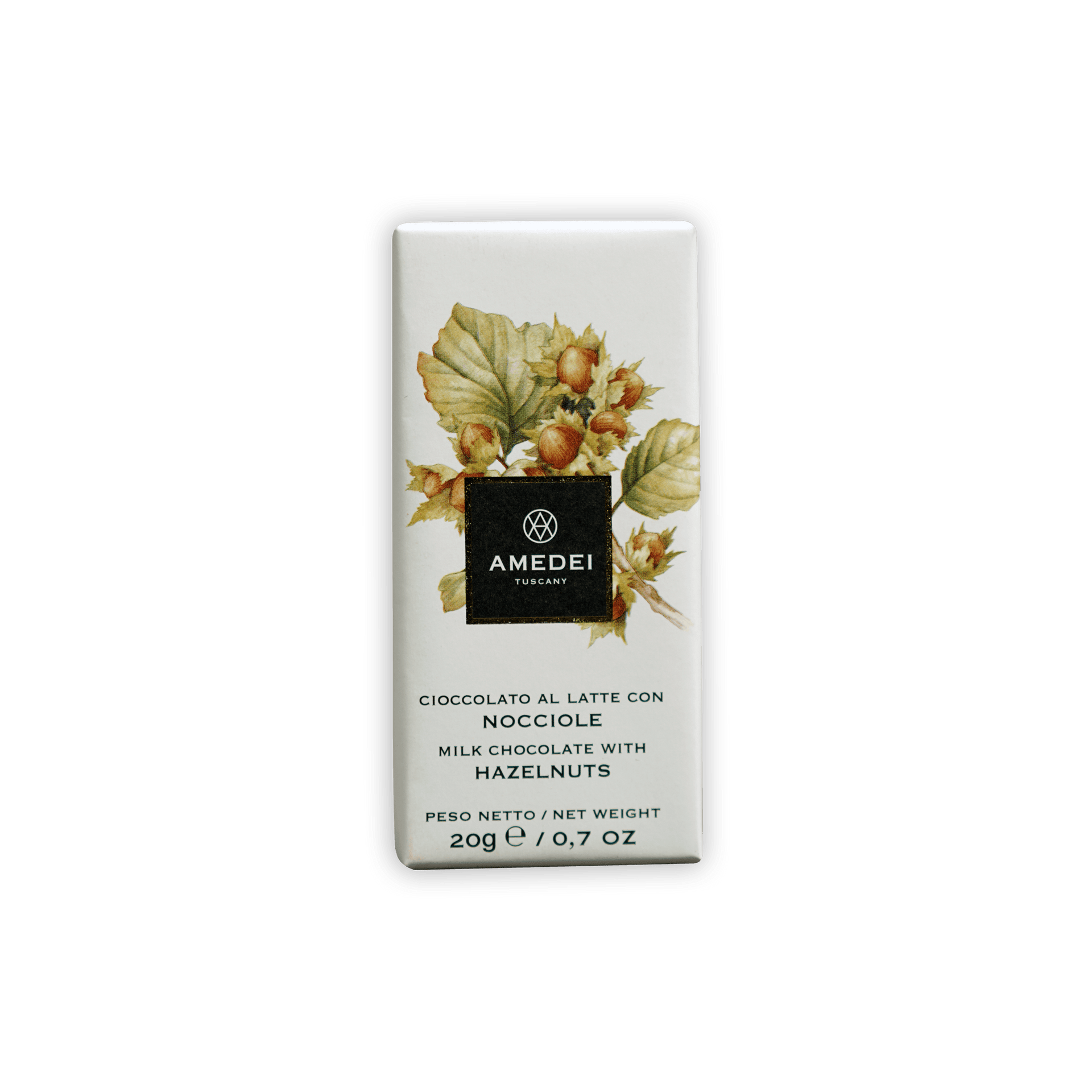 Amedei Mini Bars Milk w/ Hazelnut white chocolate bar with botanical label