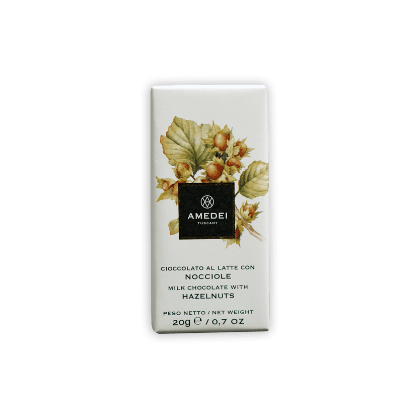 Amedei Mini Bars Milk w/ Hazelnut white chocolate bar with botanical label