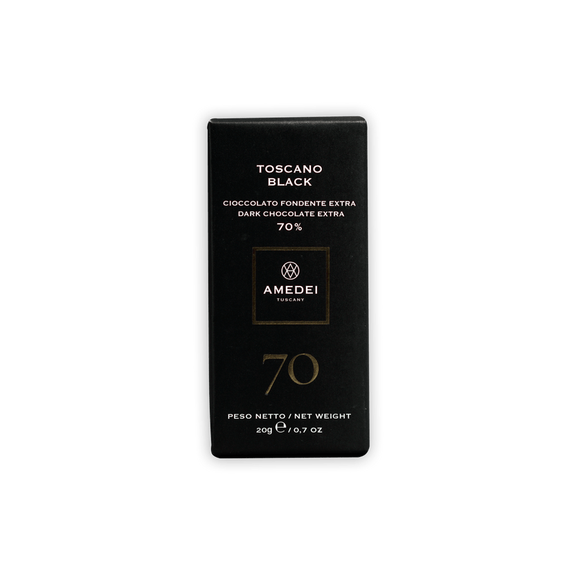 Amedei Toscano 70% dark chocolate mini bar in sleek black gold foil package