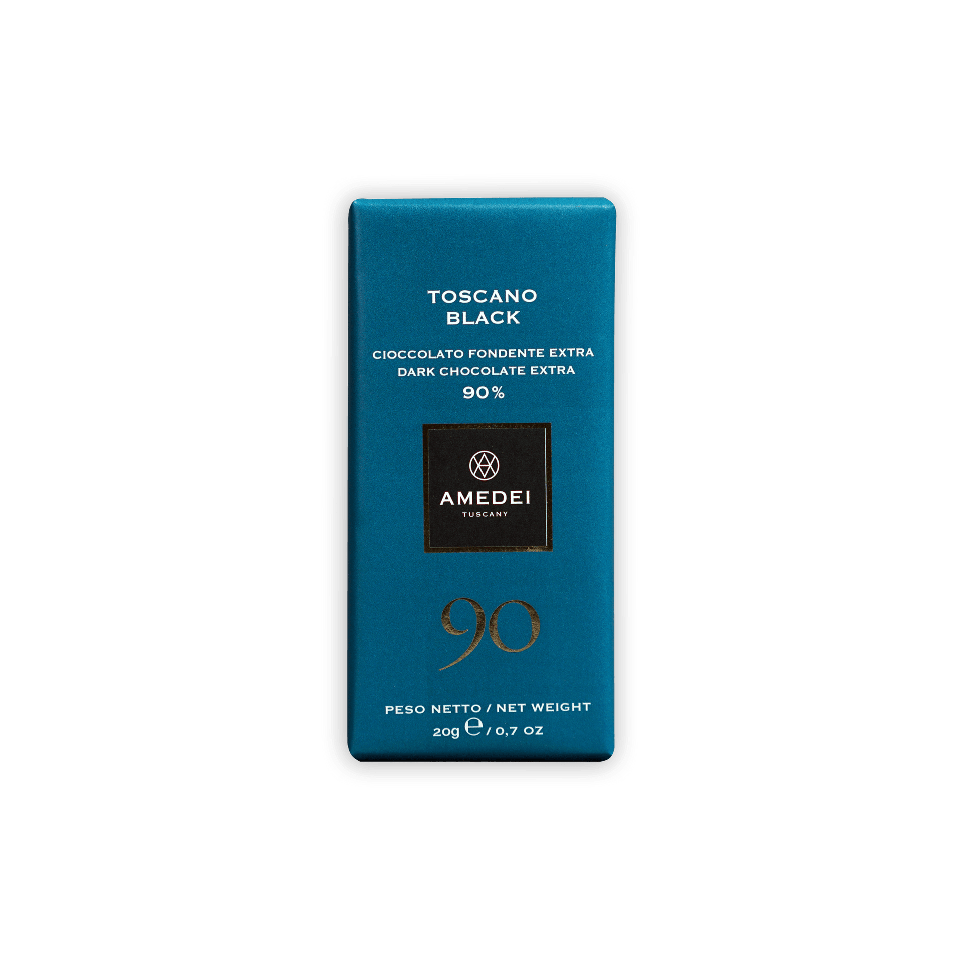 Amedei Toscano Black 90% dark chocolate mini bar in turquoise