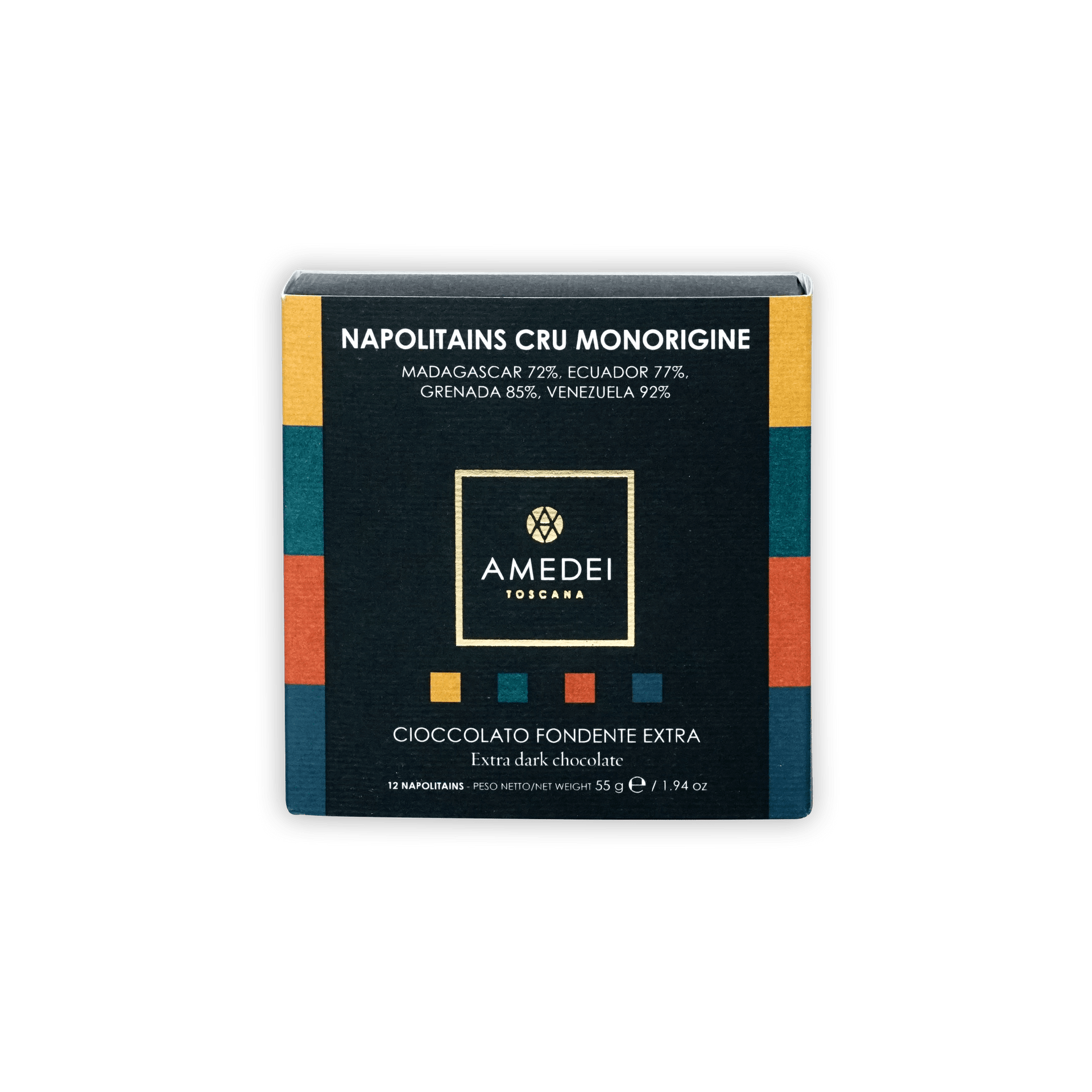Amedei Toscana dark chocolate bar in striped black box for Napolitains Cru Monorigine