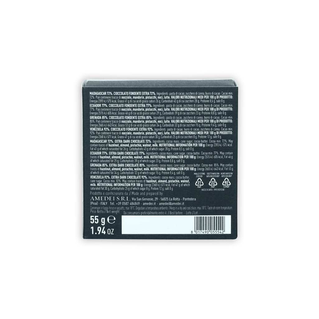 Back of Amedei Napolitains Cru Monorigine dark chocolate box with ingredients