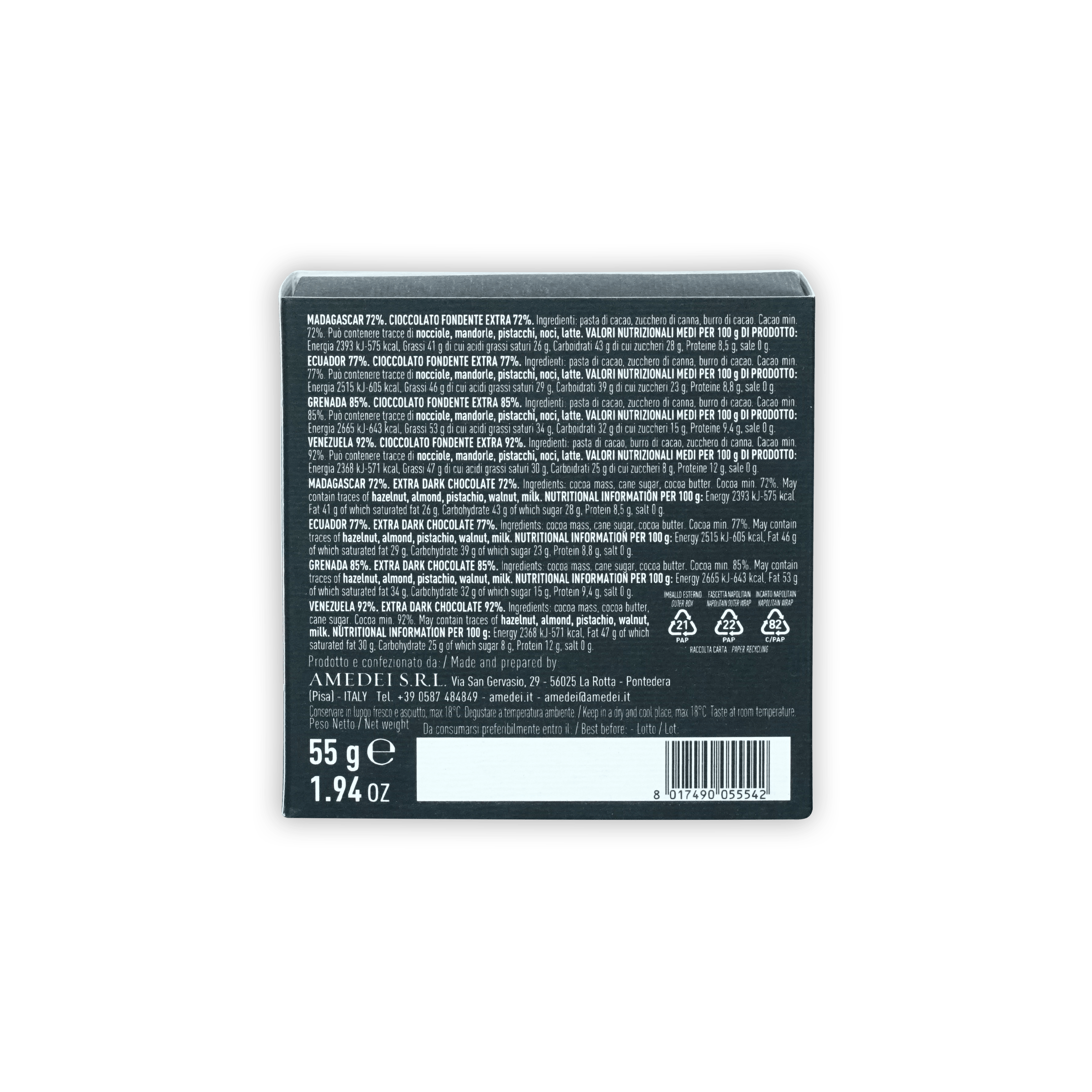 Back of Amedei Napolitains Cru Monorigine dark chocolate box with ingredients