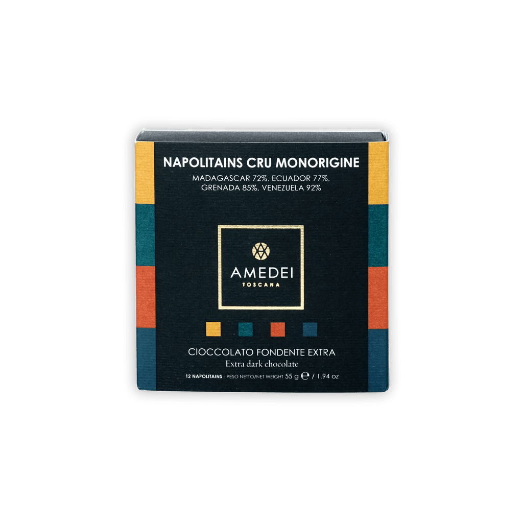 Amedei Toscana dark chocolate bar in striped black box for Napolitains Cru Monorigine