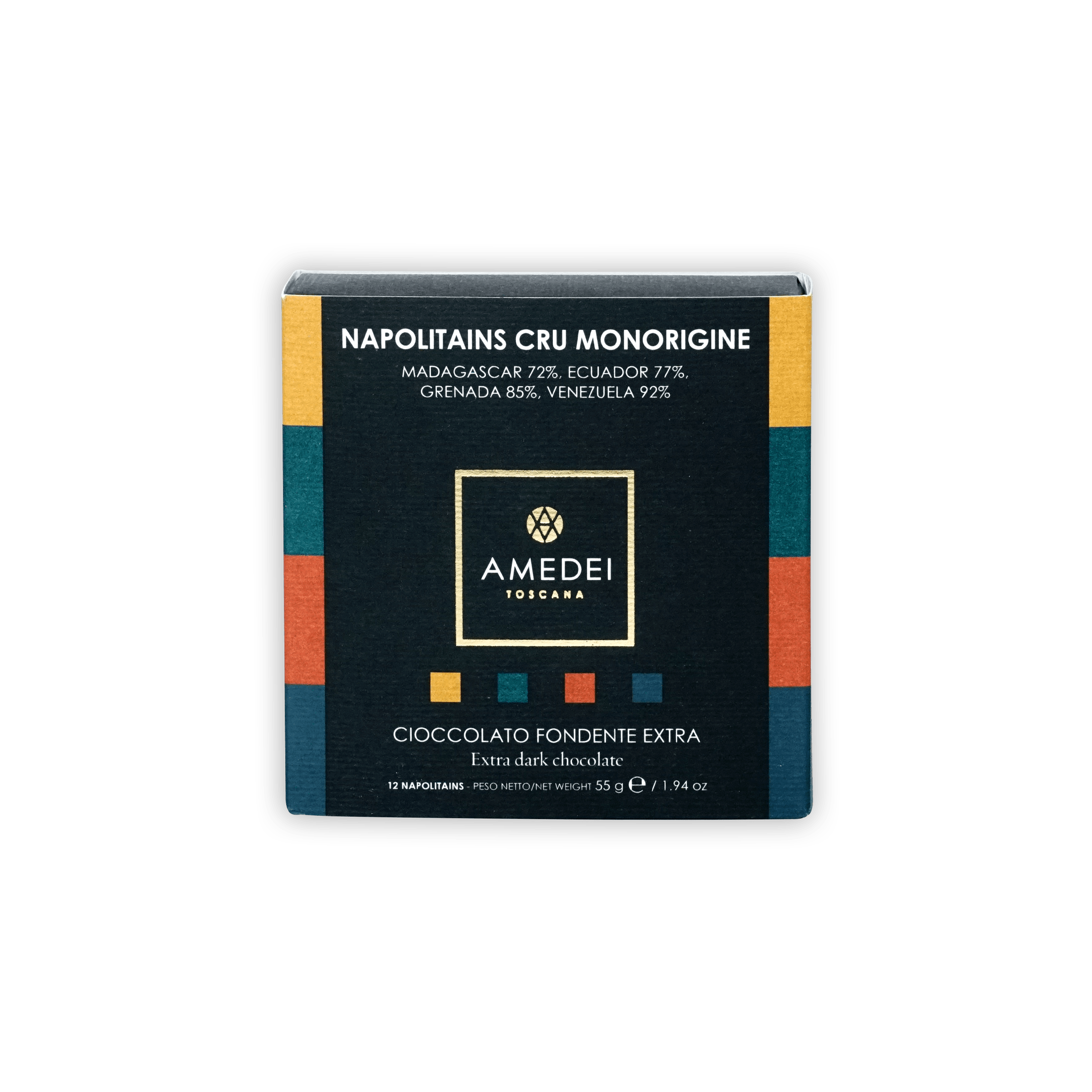 Amedei Toscana dark chocolate bar in striped black box for Napolitains Cru Monorigine