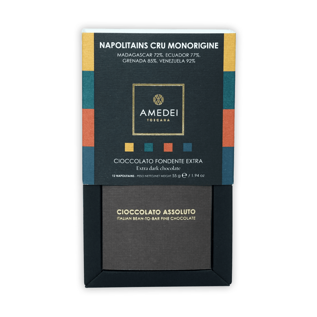 Amedei Toscana dark chocolate bar in elegant geometric box, 12 pcs Napolitains Cru Monorigine