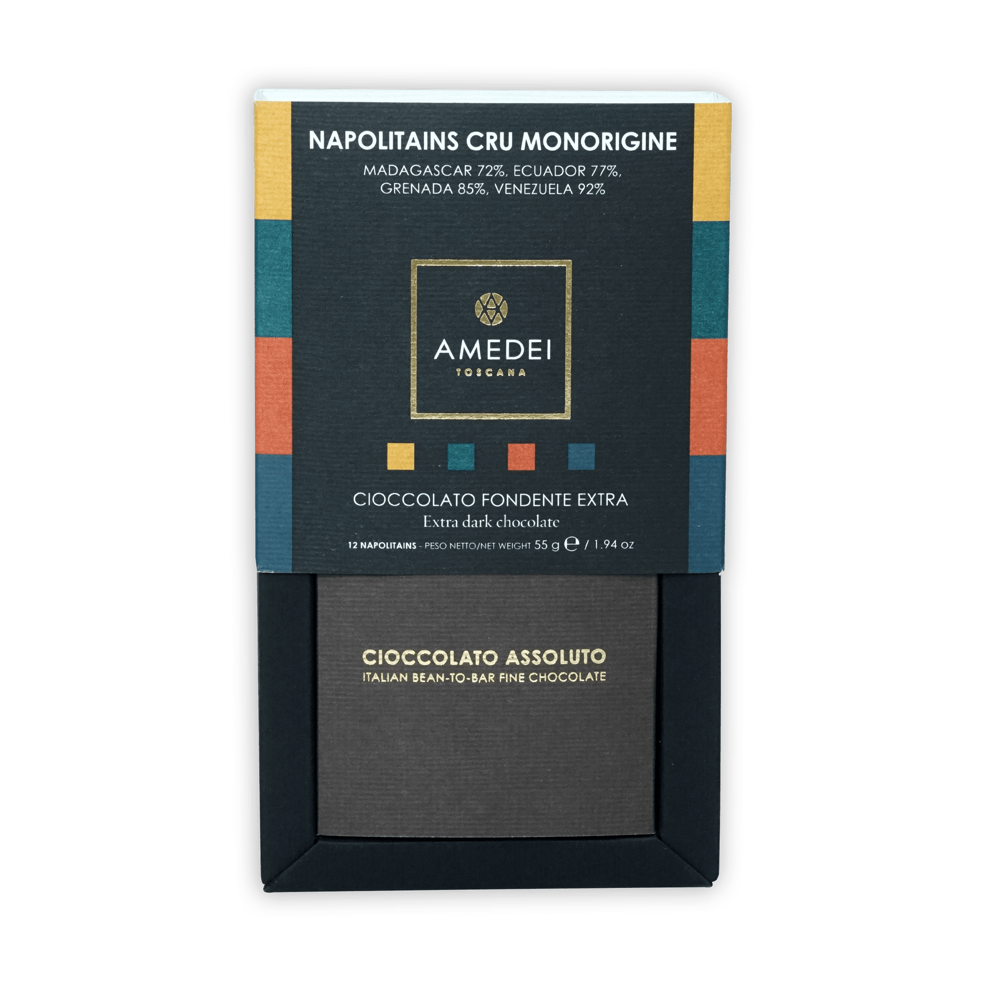 Amedei Toscana dark chocolate bar in elegant geometric box, 12 pcs Napolitains Cru Monorigine