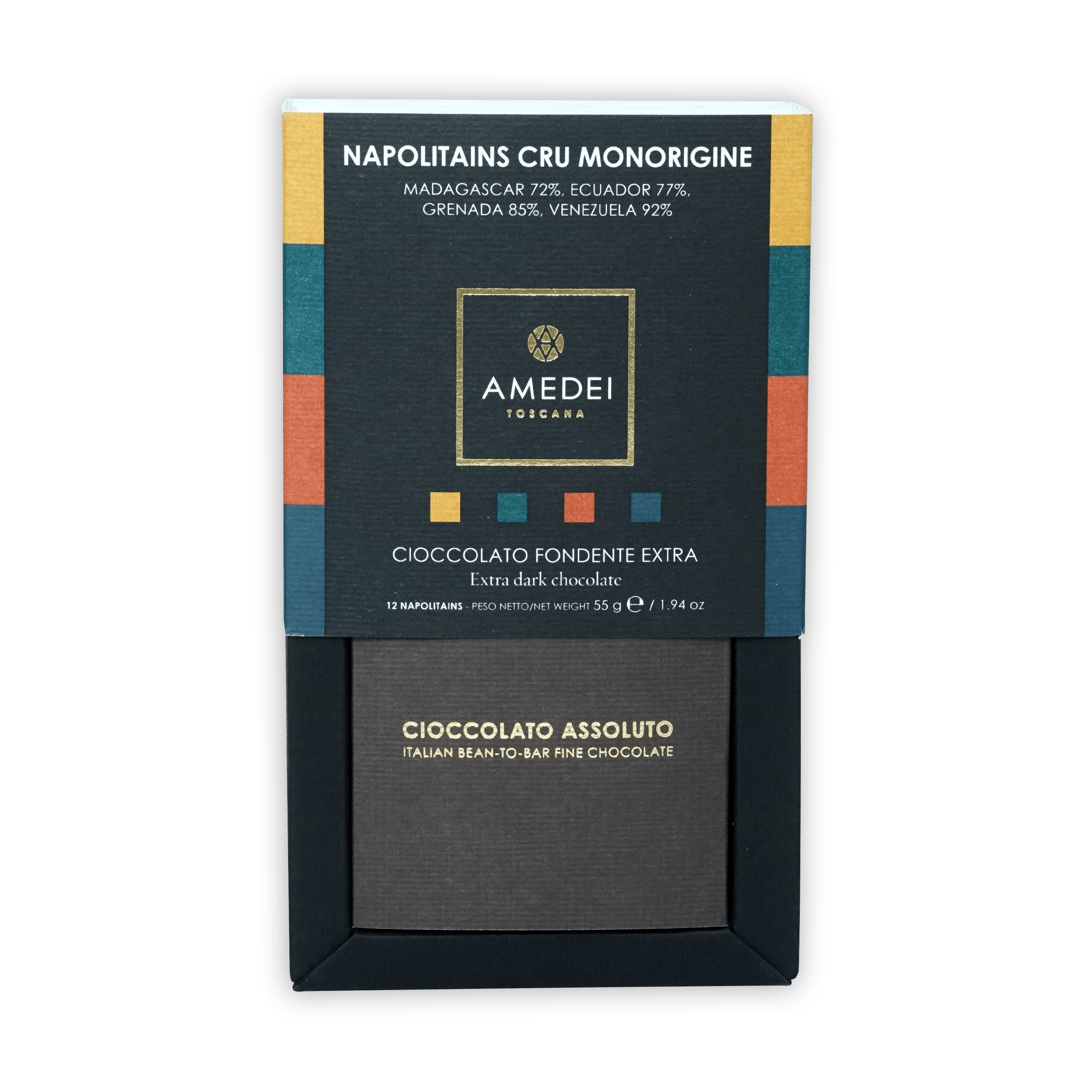 Amedei Toscana dark chocolate bar in elegant geometric box, 12 pcs Napolitains Cru Monorigine