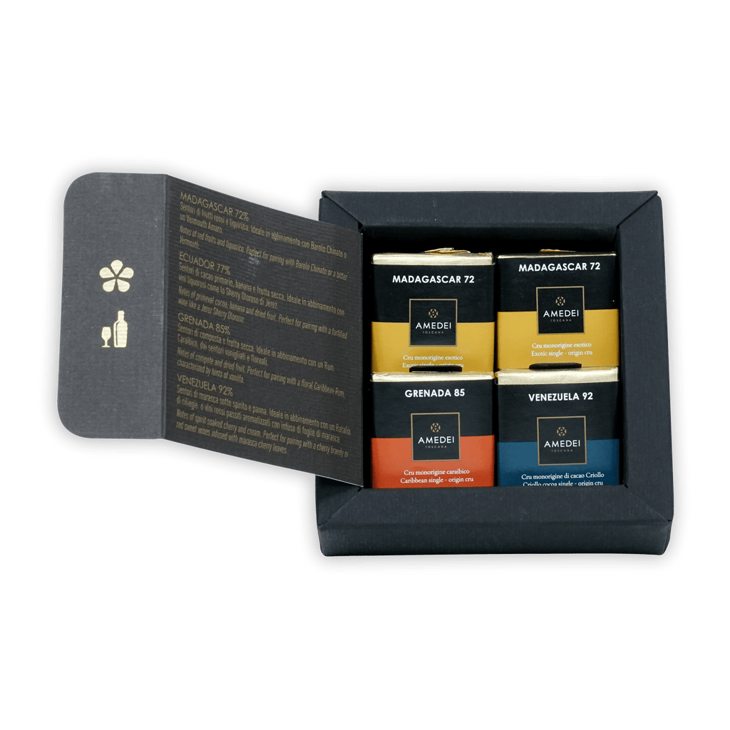 Black Amedei gift box with Madagascar 72 gold, Grenada 85 orange, Venezuela 92 blue coffee tins