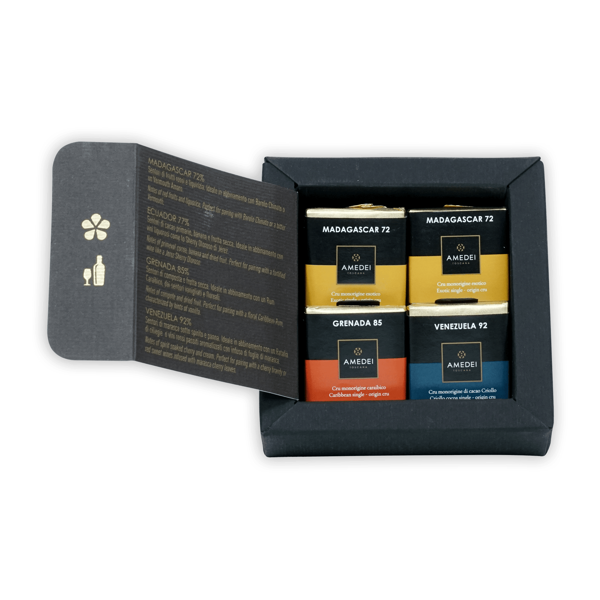 Black Amedei gift box with Madagascar 72 gold, Grenada 85 orange, Venezuela 92 blue coffee tins