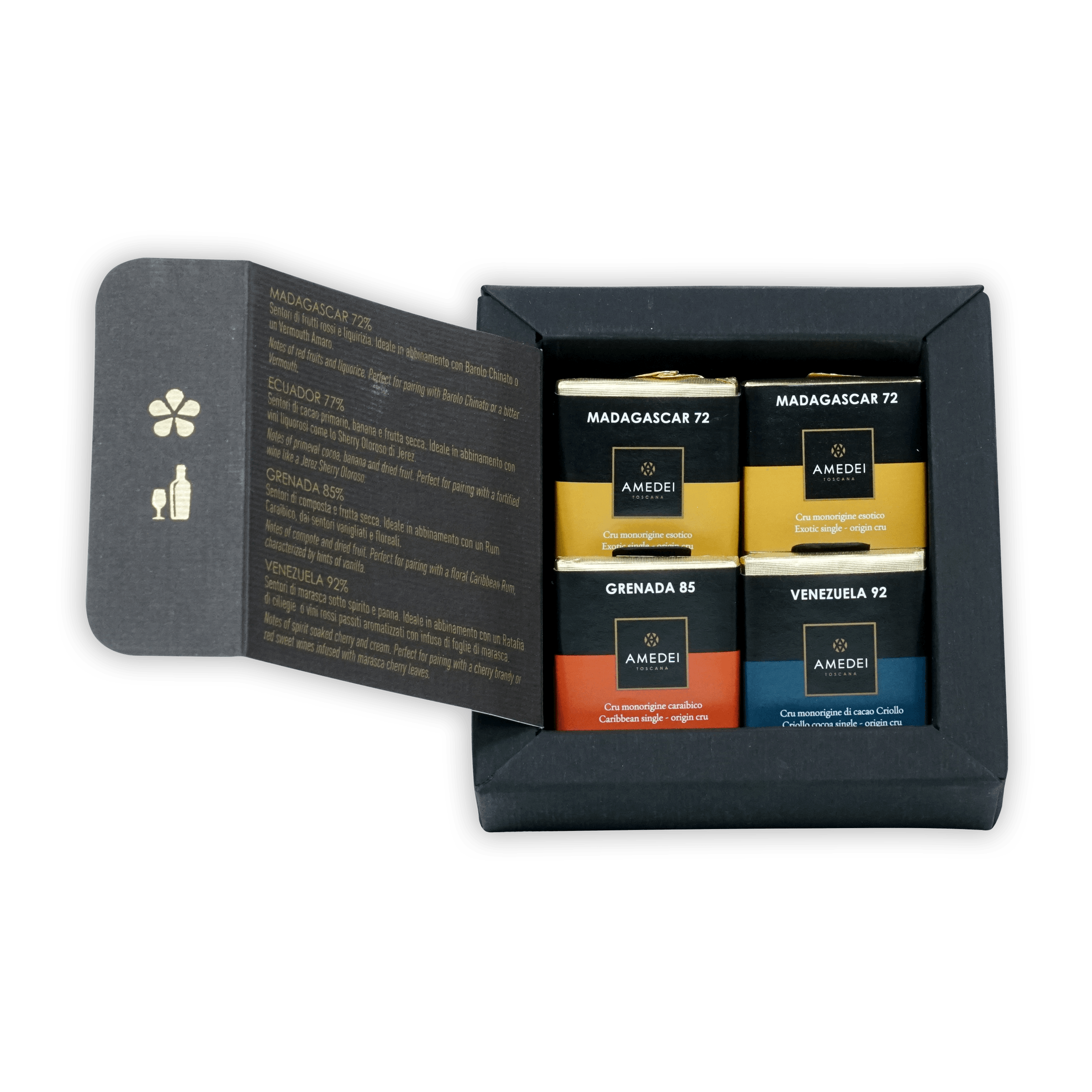 Black Amedei gift box with Madagascar 72 gold, Grenada 85 orange, Venezuela 92 blue coffee tins