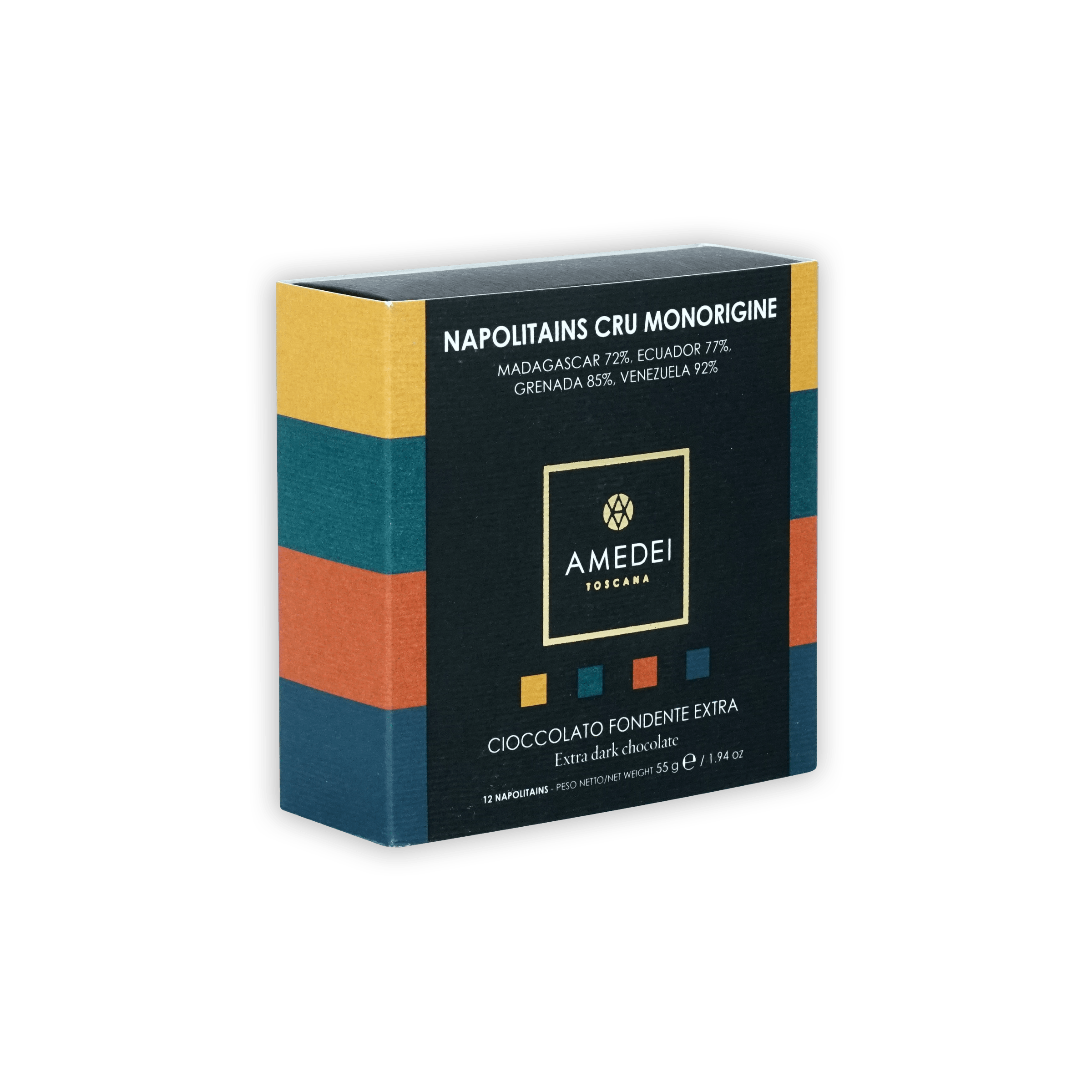 Amedei Toscana dark chocolate bar in multicolored striped box, 12 pcs Napolitains Cru Monorigine