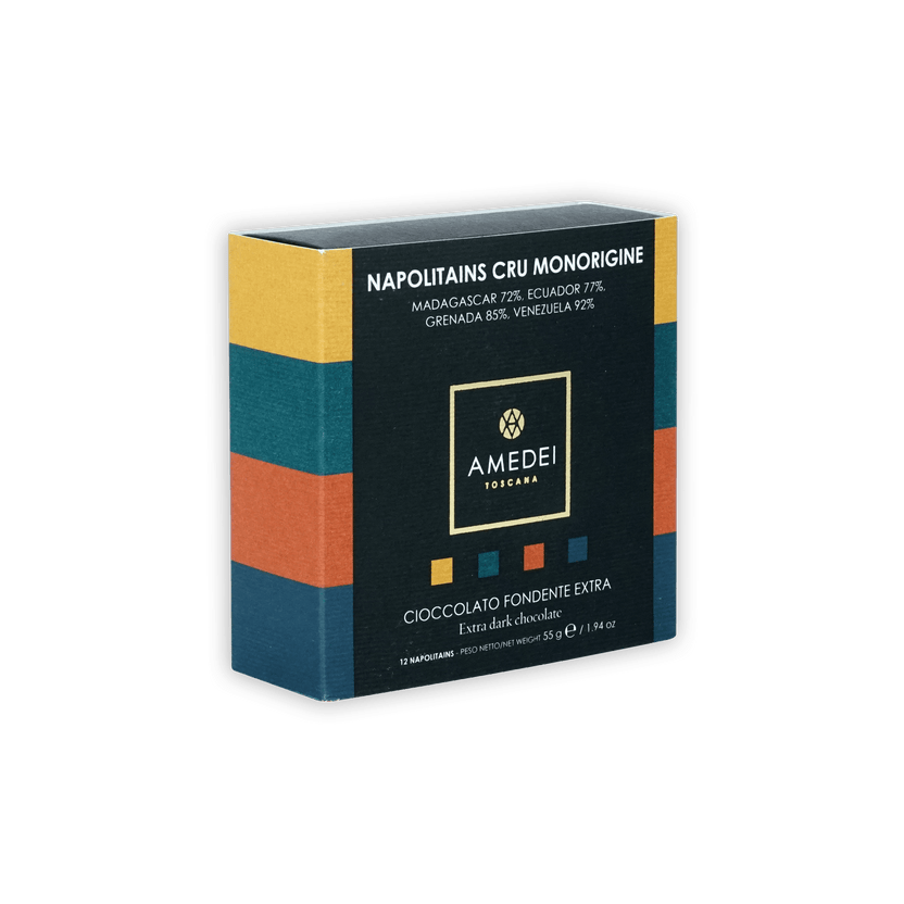 Amedei Toscana dark chocolate bar in multicolored striped box, 12 pcs Napolitains Cru Monorigine