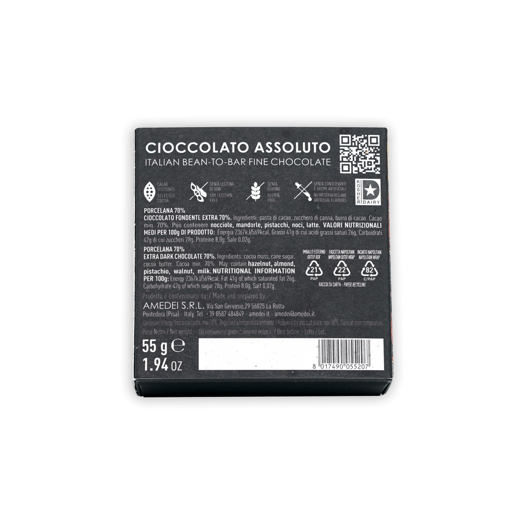 Back of Amedei Napolitains Porcelana 70% black box with QR code
