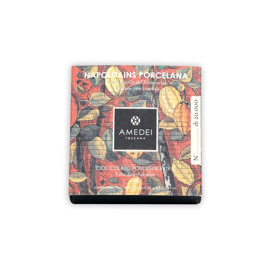 Amedei Napolitains Porcellana 70% extra dark chocolate bar in red pod box