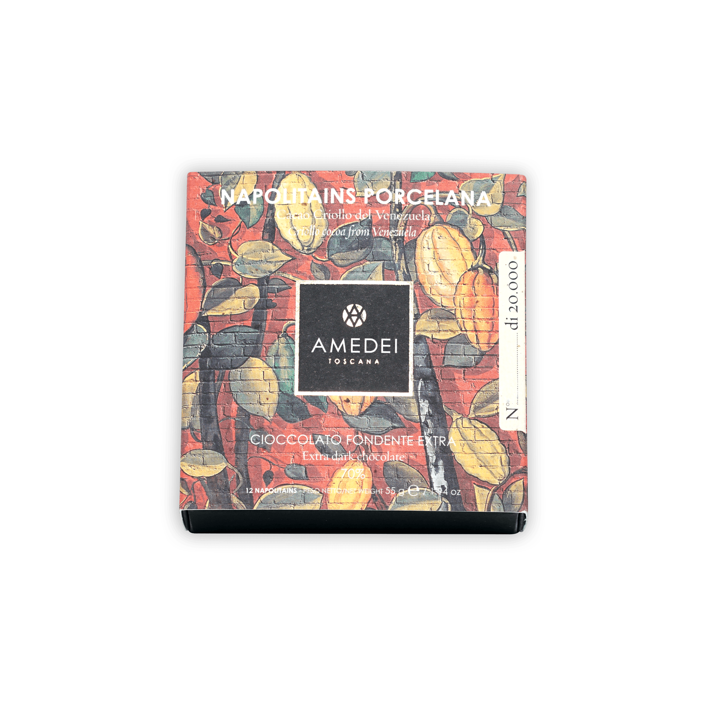 Amedei Napolitains Porcellana 70% extra dark chocolate bar in red pod box