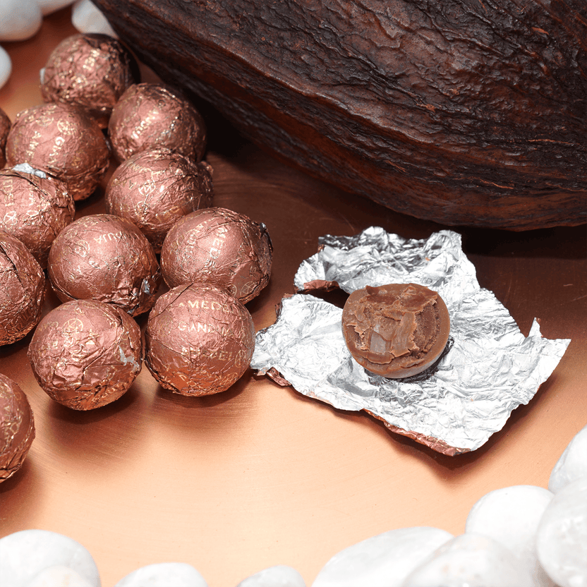 Amedei Pralines Milk w/ Crema Toscana round dark chocolate truffle in rose gold foil