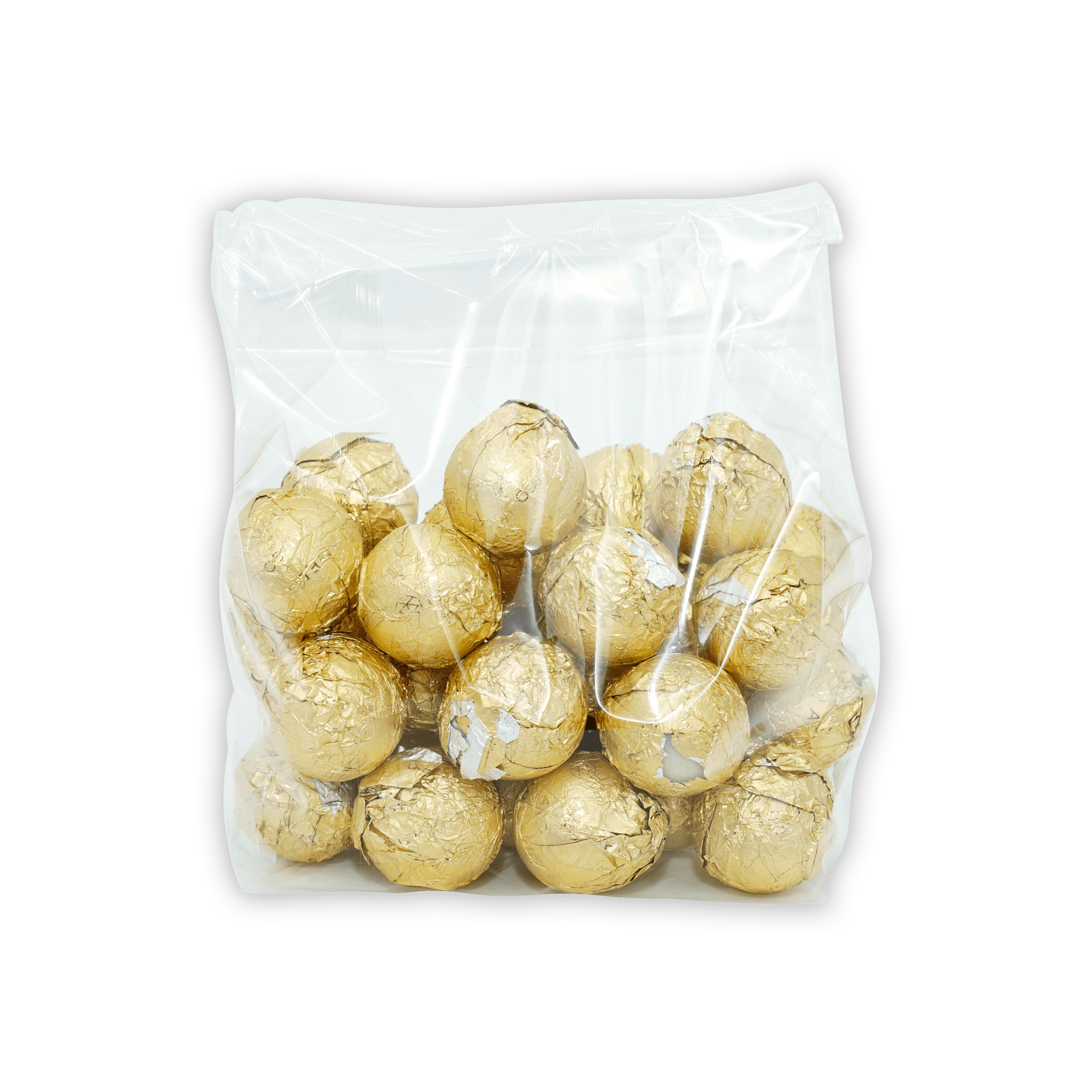 Amedei Pralines White w/ Hazelnut Filling in clear bag of golden truffles