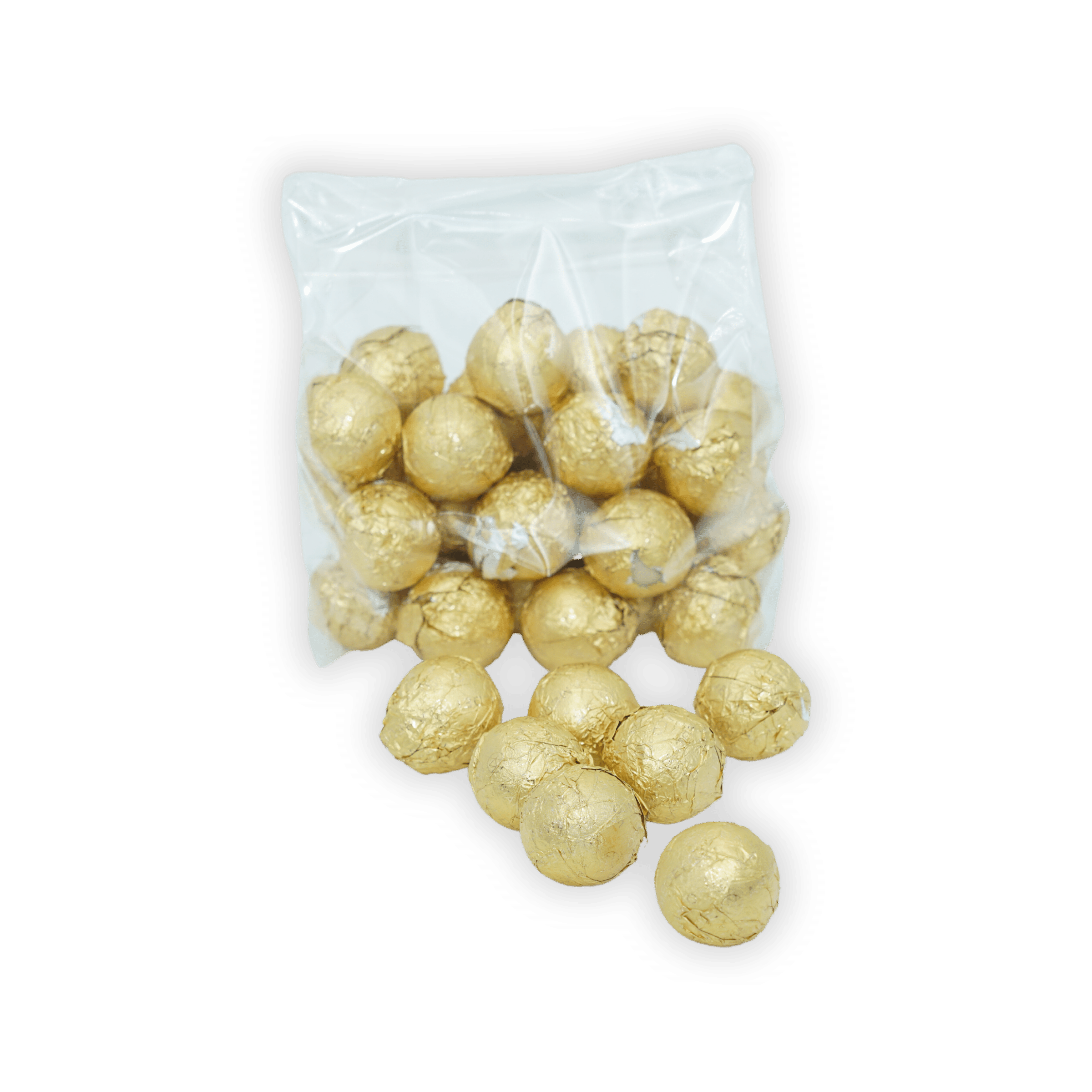Amedei Pralines White w/ Hazelnut Filling in clear bag with spilling golden truffles
