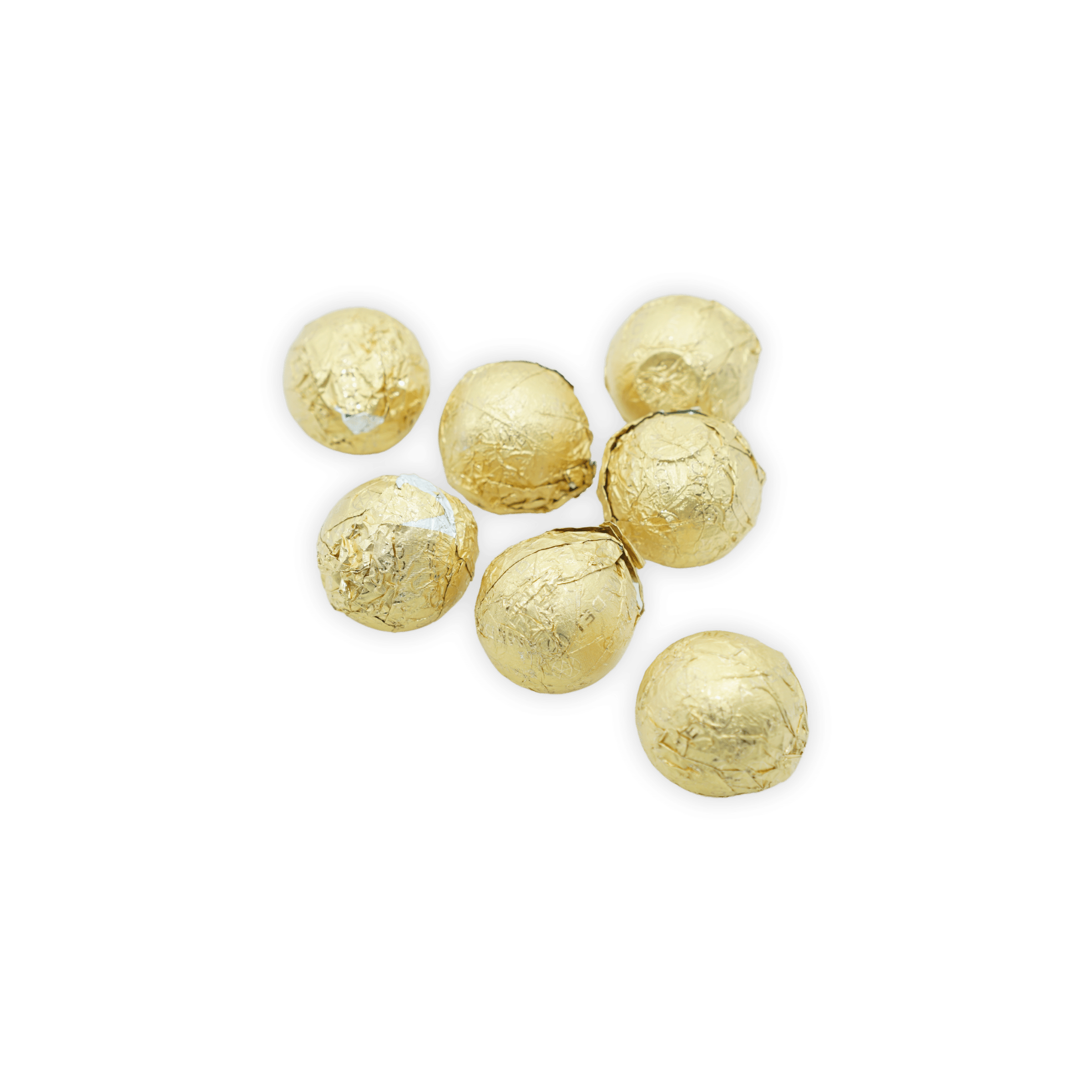 Seven Amedei white pralines with hazelnut filling, golden foil truffles