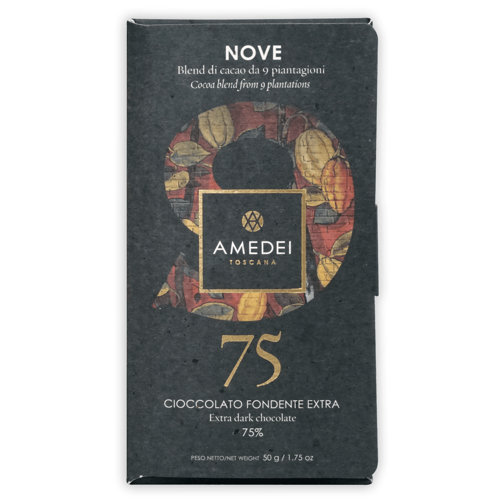 Amedei Signature Nove 75% extra dark chocolate bar in sleek black package
