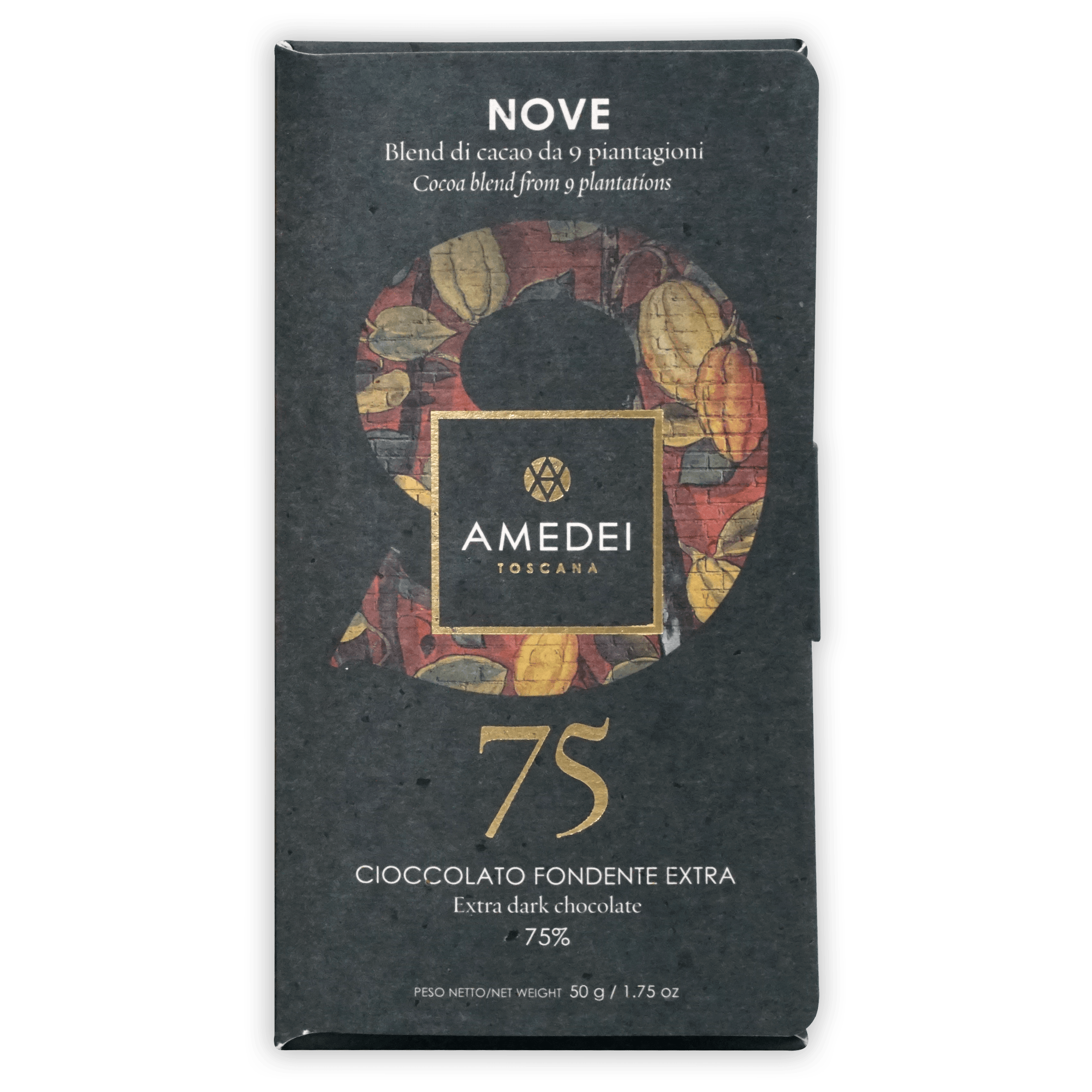 Amedei Signature Nove 75% extra dark chocolate bar in sleek black package