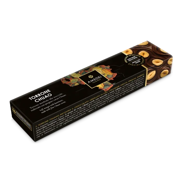 Amedei Chuao Torrone soft nougat in sleek black box with hazelnuts