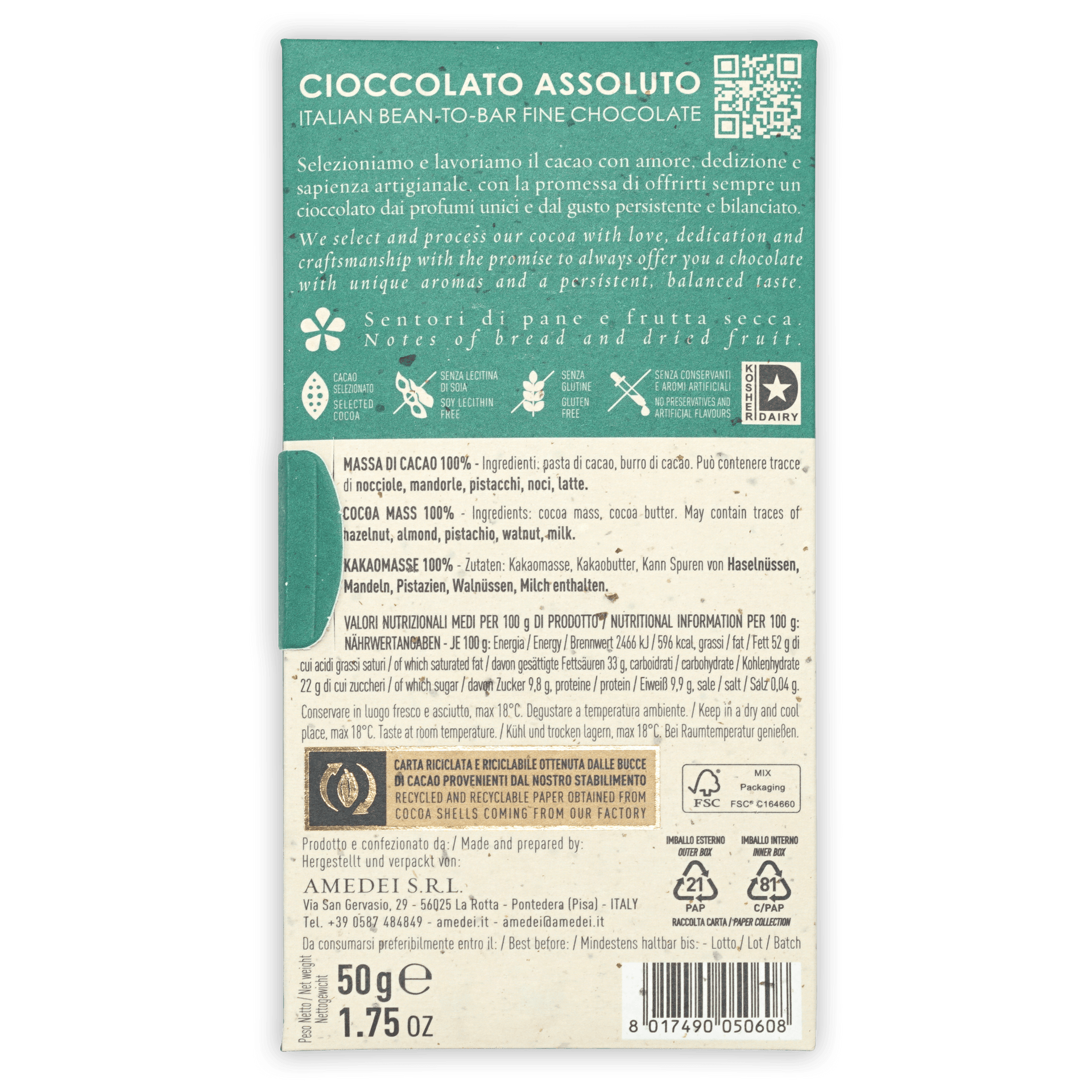 Amedei Toscano Black 100% Italian bean-to-bar chocolate in recyclable wrapper