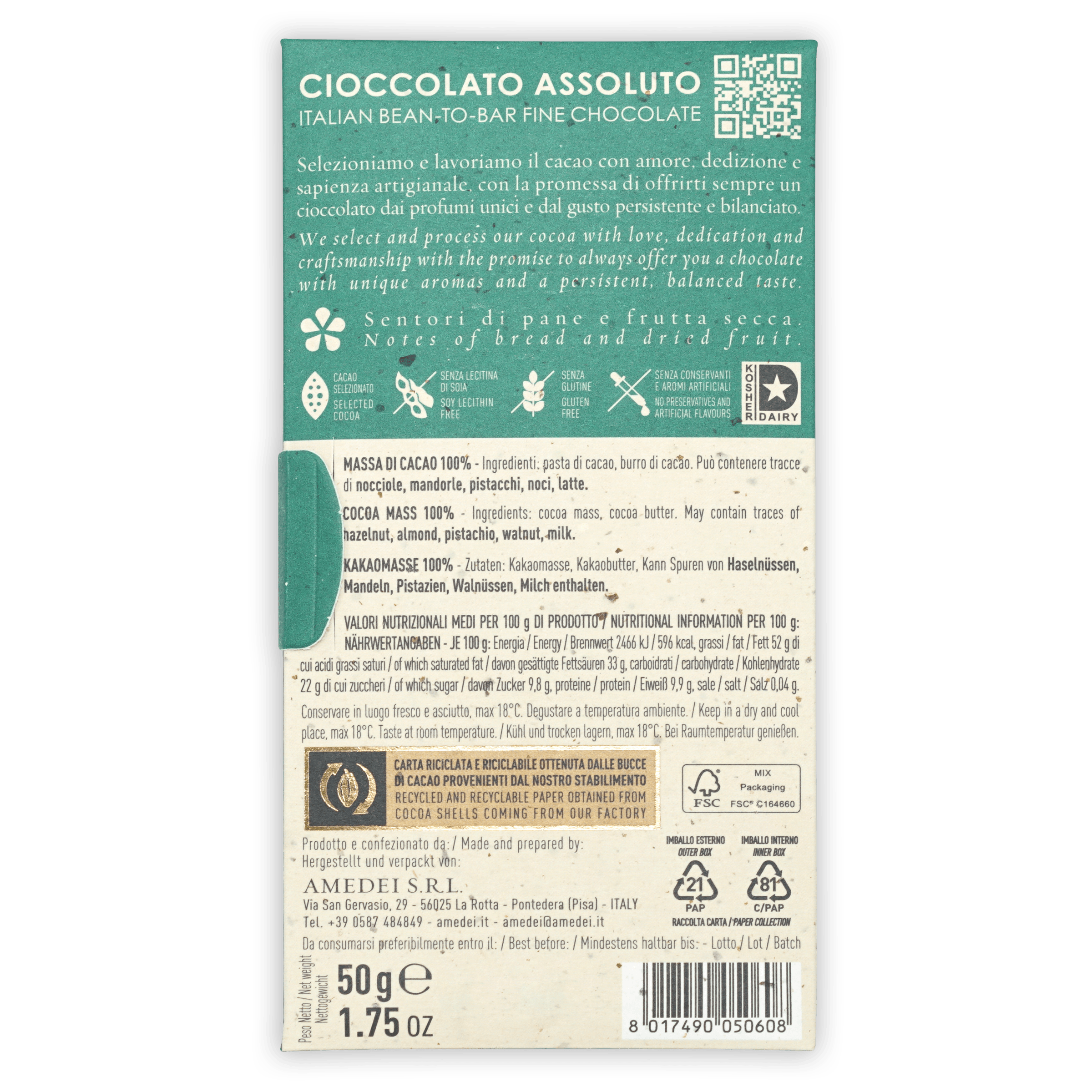 Amedei Toscano Black 100% Italian bean-to-bar chocolate in recyclable wrapper