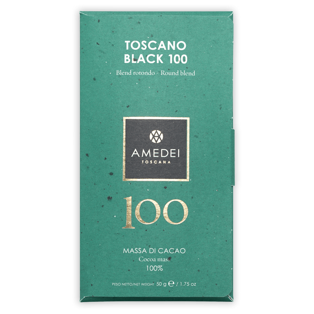 Amedei Toscano Black 100% chocolate bar in teal wrapper