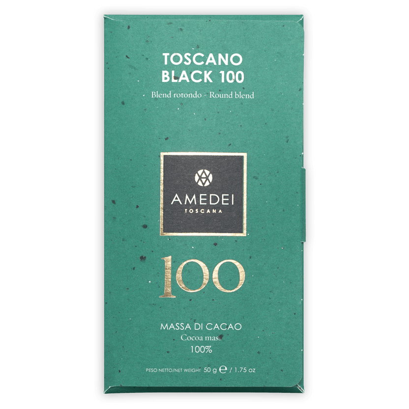 Amedei Toscano Black 100% chocolate bar in teal wrapper