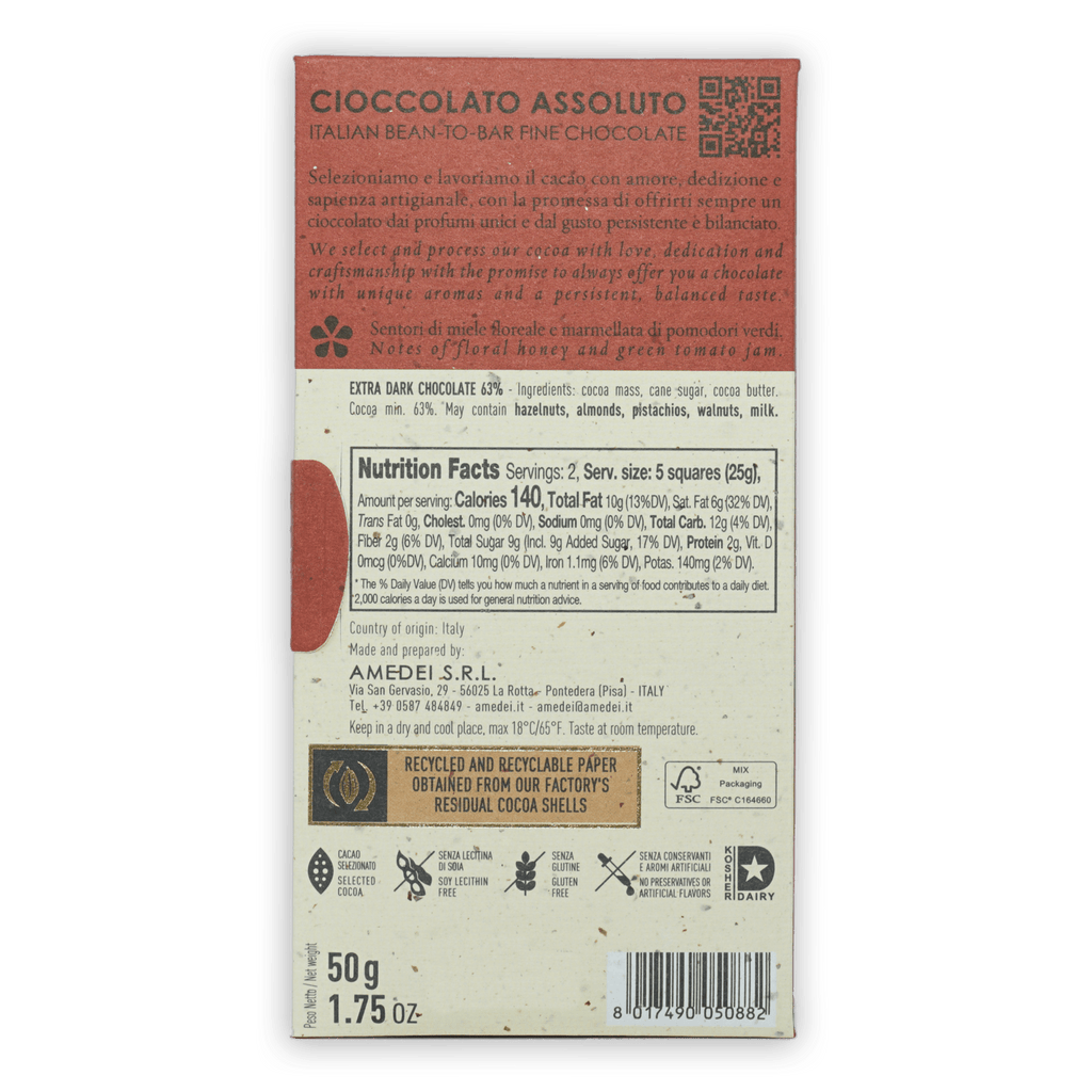 Amedei Toscano Black 63% off-white wrapper with reddish-brown top and bilingual text
