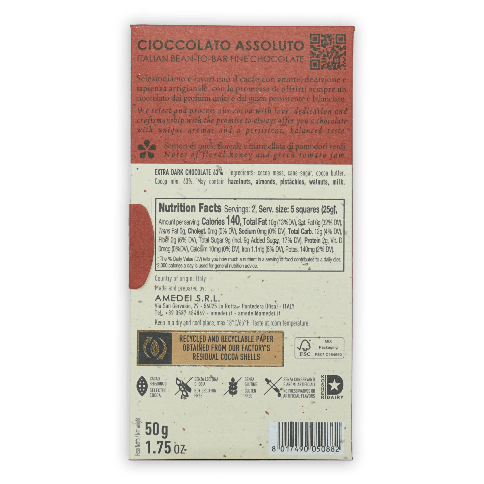 Amedei Toscano Black 63% off-white wrapper with reddish-brown top and bilingual text