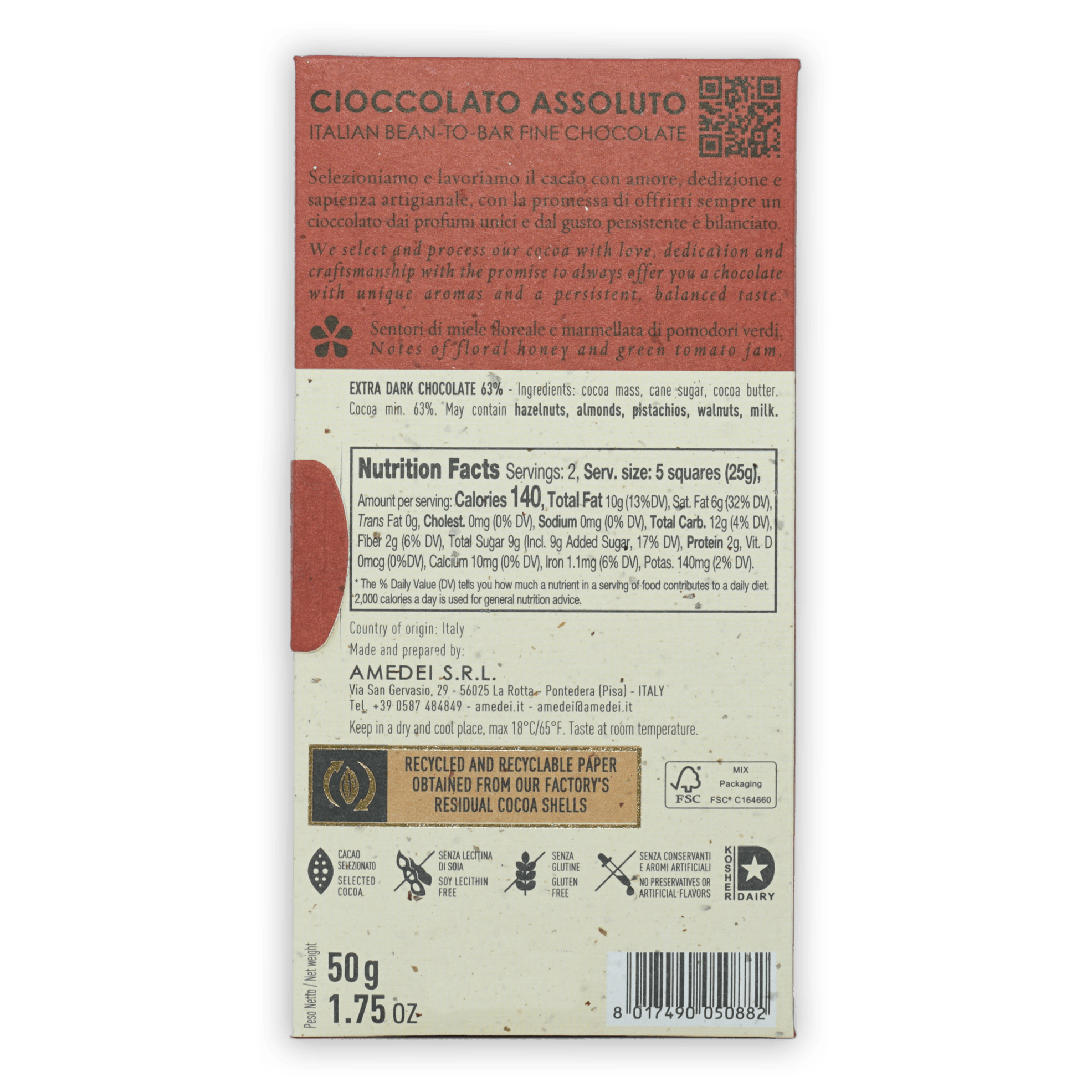Amedei Toscano Black 63% off-white wrapper with reddish-brown top and bilingual text