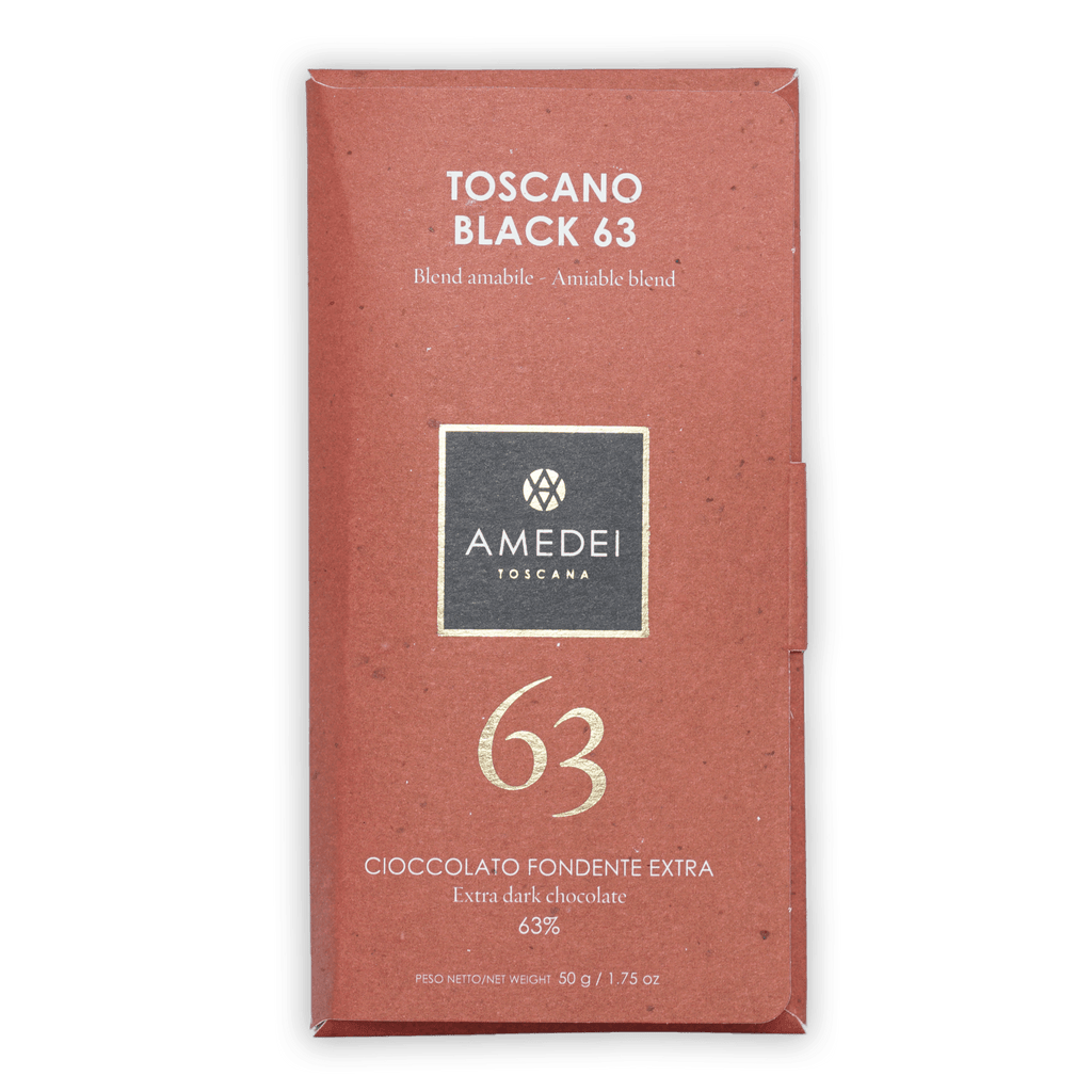 Amedei Toscano Black 63% extra dark chocolate bar in reddish-brown wrapper