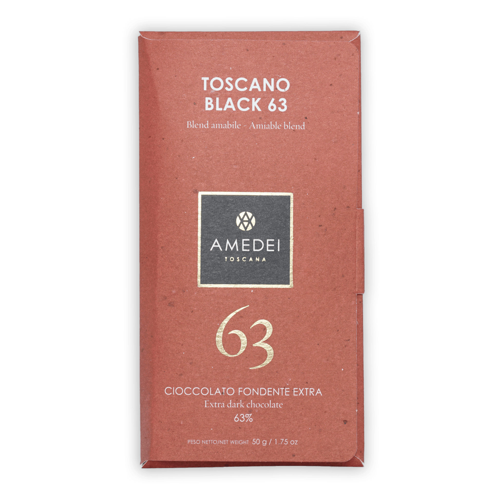 Amedei Toscano Black 63% extra dark chocolate bar in reddish-brown wrapper