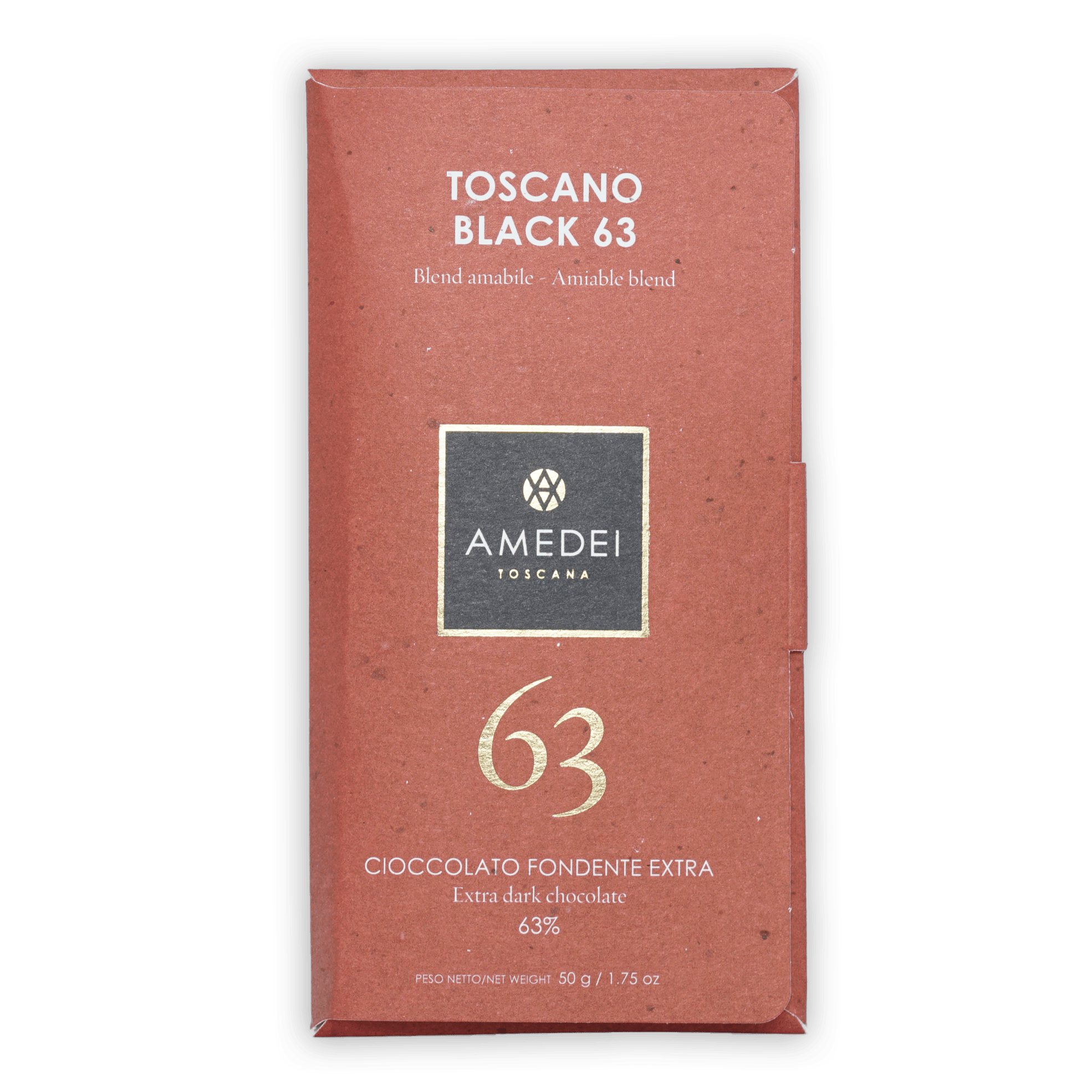 Amedei Toscano Black 63% extra dark chocolate bar in reddish-brown wrapper