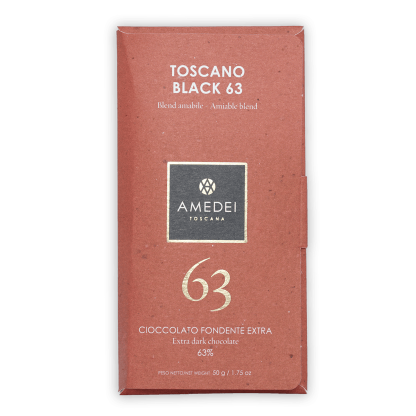 Amedei Toscano Black 63% extra dark chocolate bar in reddish-brown wrapper