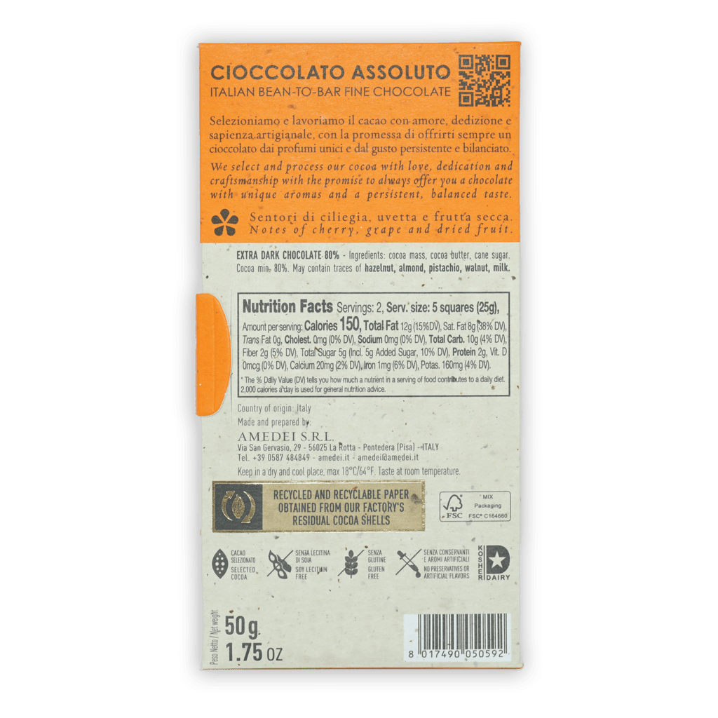 Amedei Toscano Black 80% orange white bean-to-bar chocolate packaging